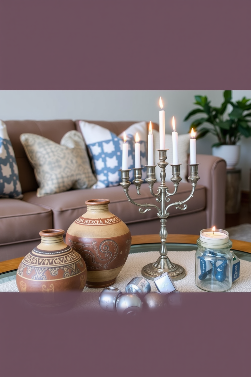 Artisan pottery serves as a unique centerpiece in a cozy living room. The pottery features intricate designs and earthy tones, adding warmth and character to the space. For Hanukkah decorating ideas, the living room is adorned with soft blue and silver accents. A beautifully lit menorah sits on the coffee table, surrounded by festive candles and decorative dreidels.