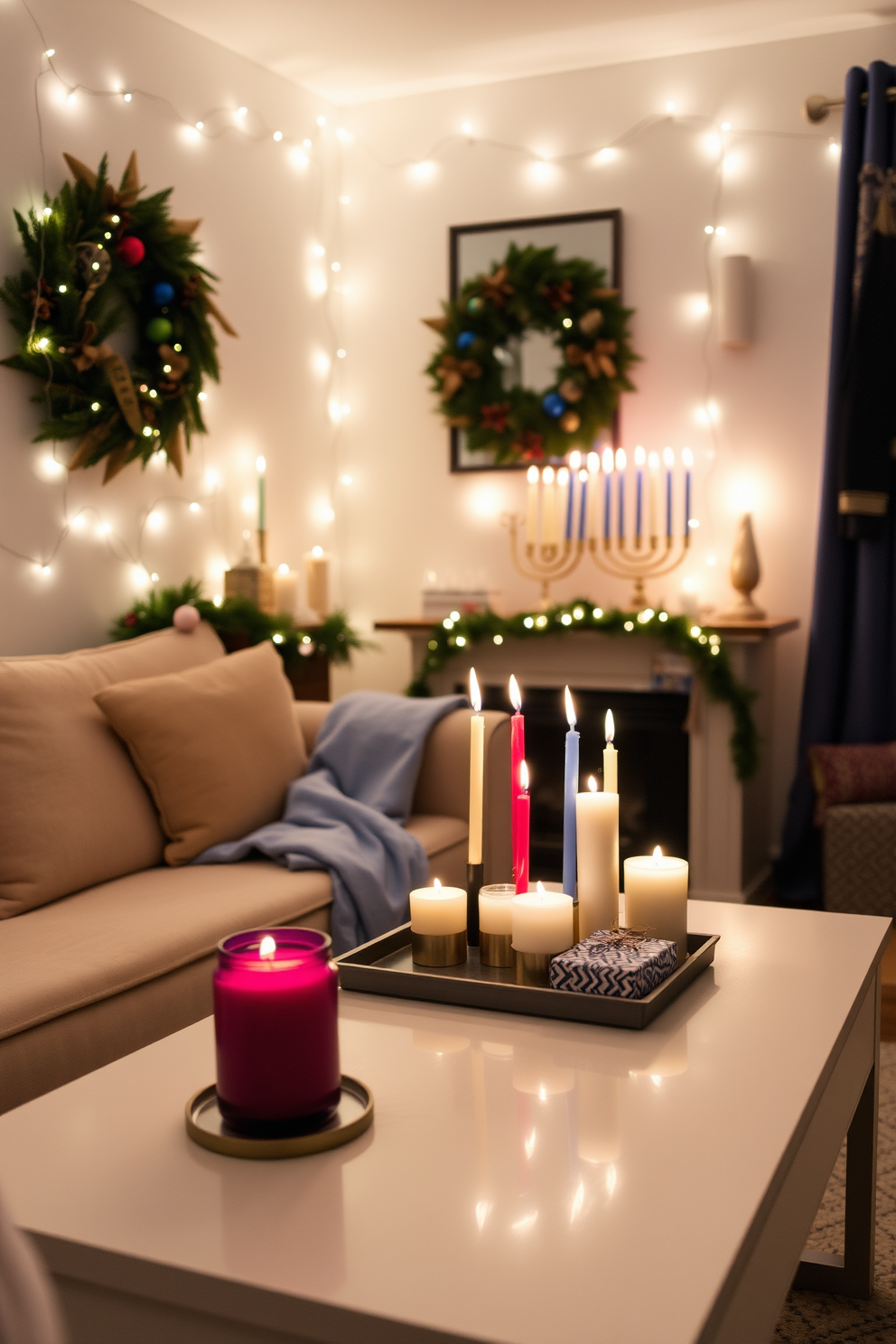 A cozy small living room adorned with festive Hanukkah decorations. The space features a plush sofa draped with a soft blue throw and a coffee table topped with an assortment of scented candles in various heights, casting a warm glow throughout the room. On the walls, delicate string lights twinkle, complementing the colorful menorah placed on the mantel. A beautifully wrapped gift sits beside the candles, adding a touch of holiday cheer to the inviting atmosphere.