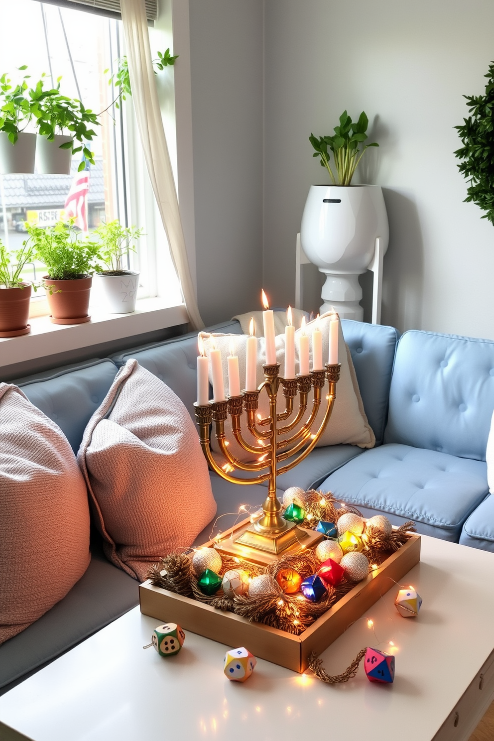 A cozy small living room adorned with festive Hanukkah decorations. Decorative pots filled with fragrant fresh herbs are placed on the windowsill, adding a touch of greenery and warmth to the space. The room features a soft blue sofa adorned with plush pillows in shades of silver and white. A beautifully arranged menorah sits on the coffee table, surrounded by twinkling fairy lights and colorful dreidels.