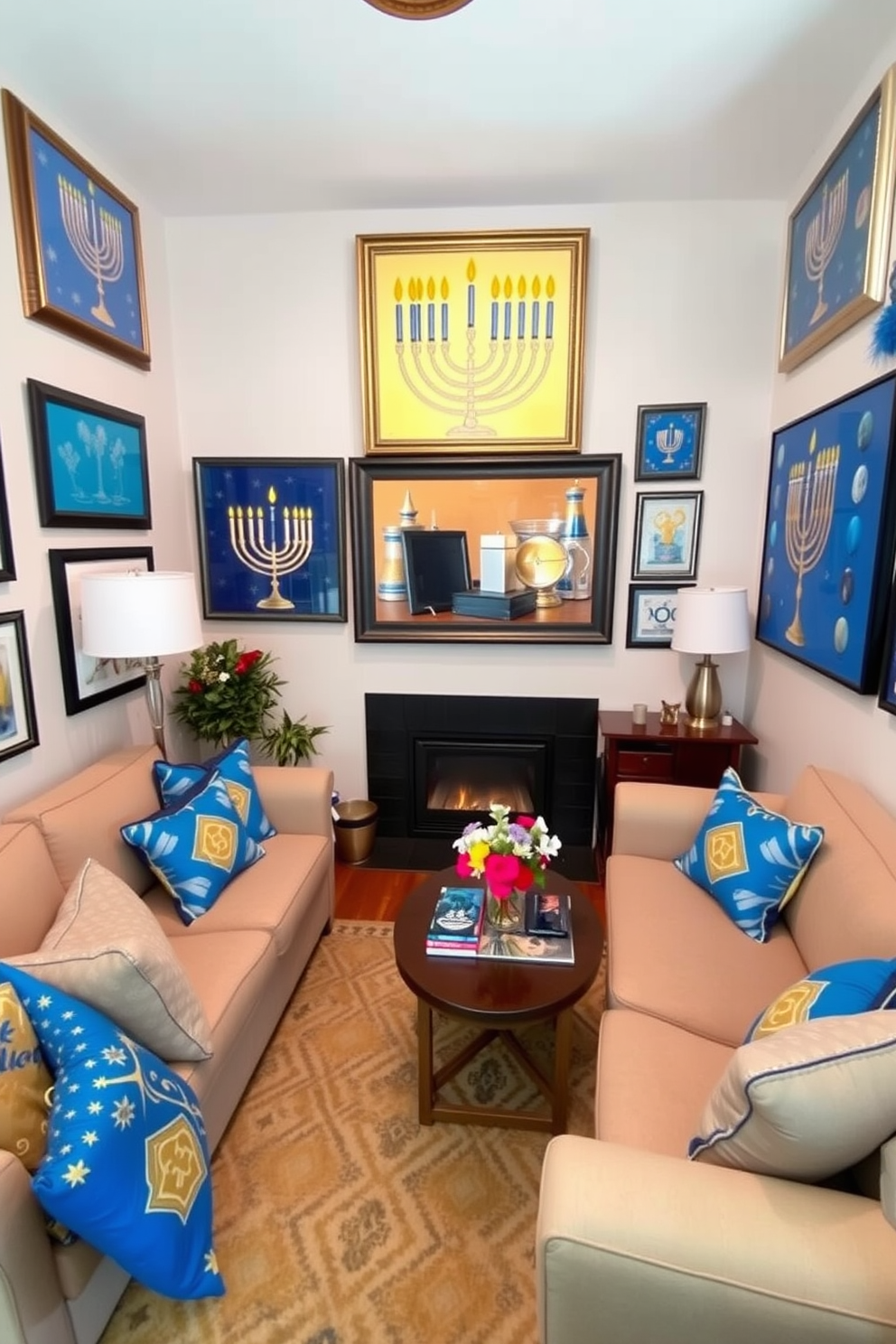 A small living room adorned with lively Hanukkah-themed artwork featuring vibrant blues and golds. The walls are decorated with framed pieces showcasing menorahs, dreidels, and festive patterns, creating a warm and inviting atmosphere.