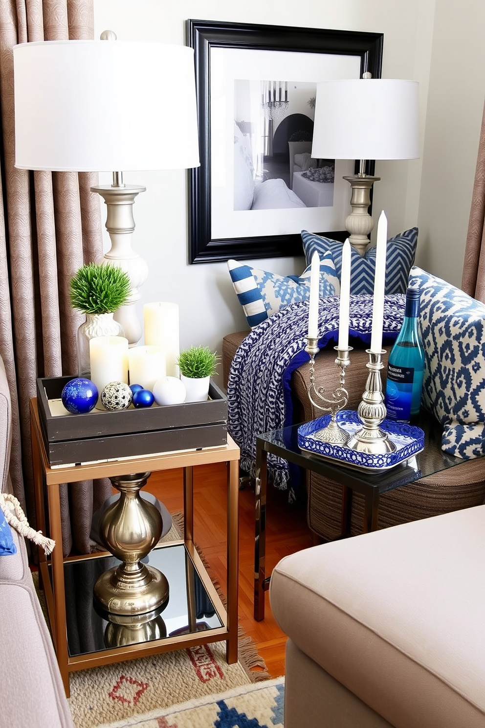 Chic side tables adorned with holiday accents create a festive atmosphere. Each table features a decorative tray with candles and seasonal ornaments, complemented by a small potted plant. In the small living room, the side tables are styled with vibrant blue and silver decor elements that reflect the spirit of Hanukkah. Cozy textiles like patterned throws and cushions enhance the inviting ambiance, making the space perfect for gatherings.