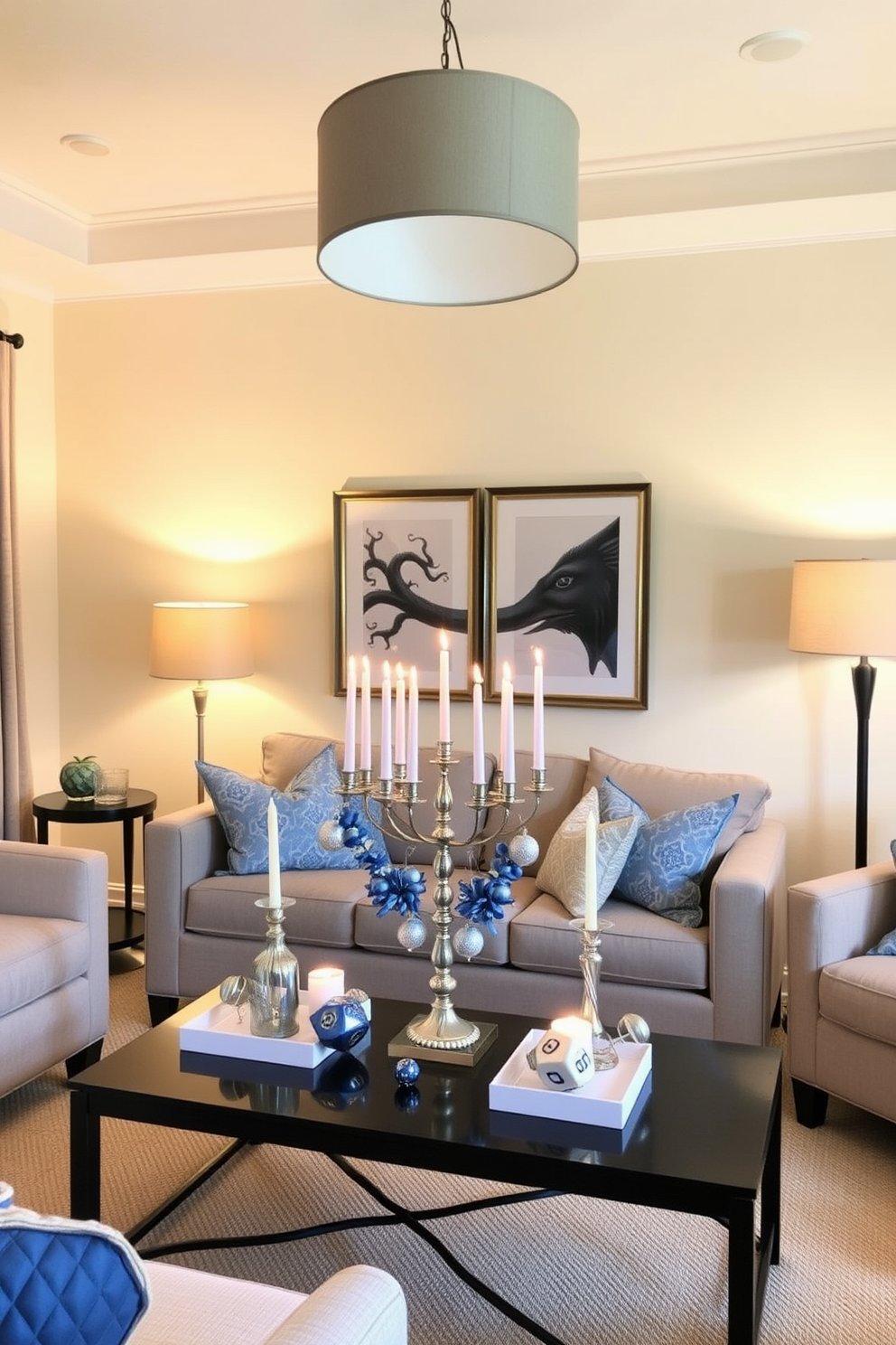 Layered lighting creates a warm and inviting atmosphere in a small living room. Soft pendant lights hang above the seating area while floor lamps provide additional illumination in the corners. For Hanukkah decorating ideas, a beautifully adorned menorah takes center stage on the coffee table. Surround it with festive blue and silver decorations, including candles and decorative dreidels for a cheerful touch.