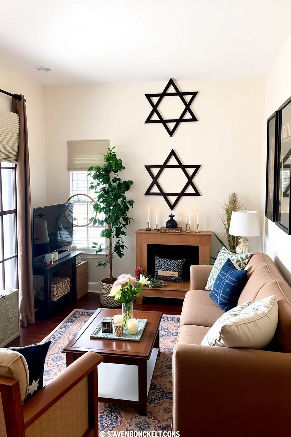 A charming small living room adorned with Star of David wall art. The walls are painted in a soft cream color, and the decor features a blend of traditional and modern elements to celebrate Hanukkah.