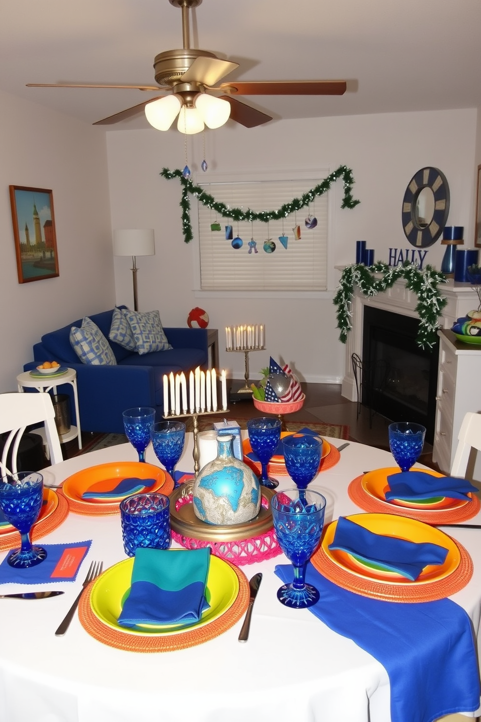 A vibrant collection of tableware is set for a festive meal. The table features a mix of bright plates, colorful napkins, and sparkling glassware, creating a cheerful atmosphere. The small living room is adorned with Hanukkah decorations. Blue and white accents are complemented by a menorah on the coffee table and festive garlands draped across the mantel.