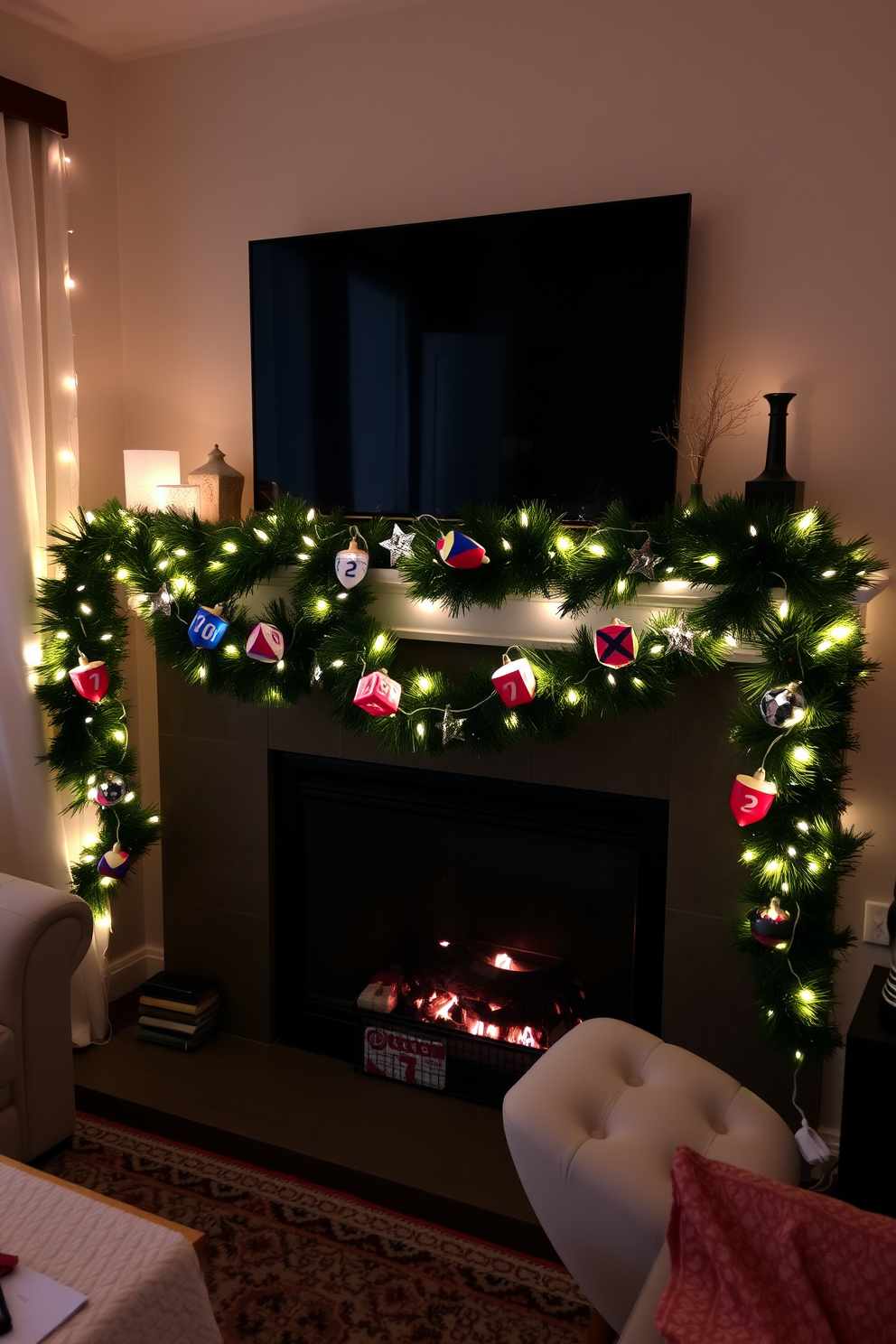 A cozy small living room adorned with a festive garland featuring colorful dreidels and shimmering stars. The garland is draped over a mantelpiece, complemented by soft white string lights that create a warm and inviting atmosphere.