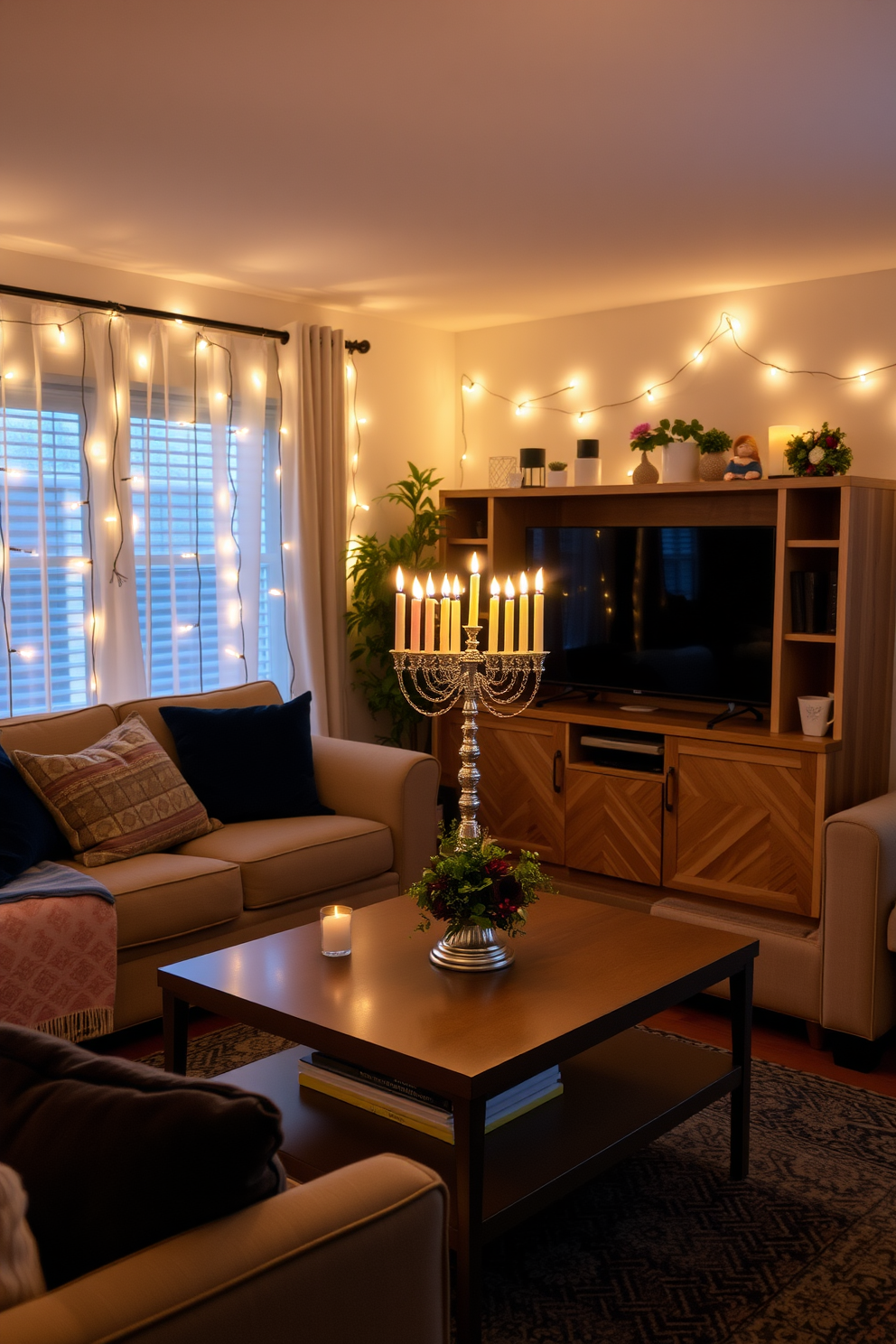 A cozy small living room adorned for Hanukkah. Soft lighting from string fairy lights creates a warm ambiance, illuminating a beautifully decorated menorah on the coffee table.