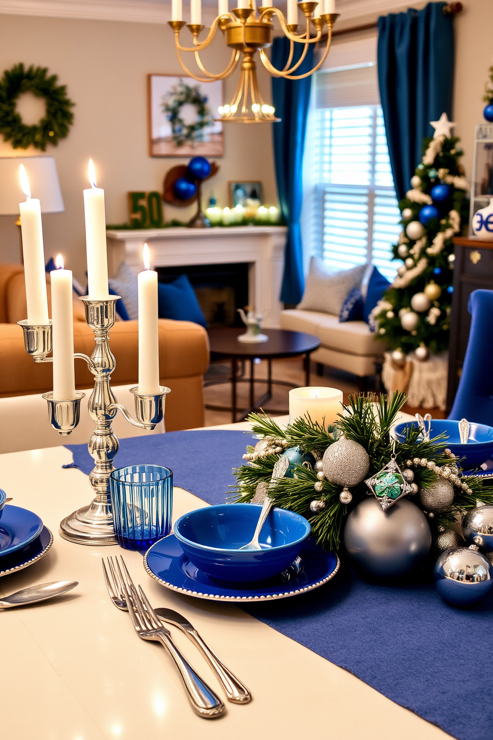 A beautifully arranged table setting features elegant blue tableware complemented by silver cutlery and decorative accents. Soft candlelight flickers from stylish candlesticks, creating a warm and inviting atmosphere for guests. The small living room is adorned with cozy furnishings in rich textures and colors that evoke a festive spirit. Hanukkah decorations include a stunning menorah as the centerpiece, surrounded by tasteful blue and silver ornaments that enhance the seasonal charm.