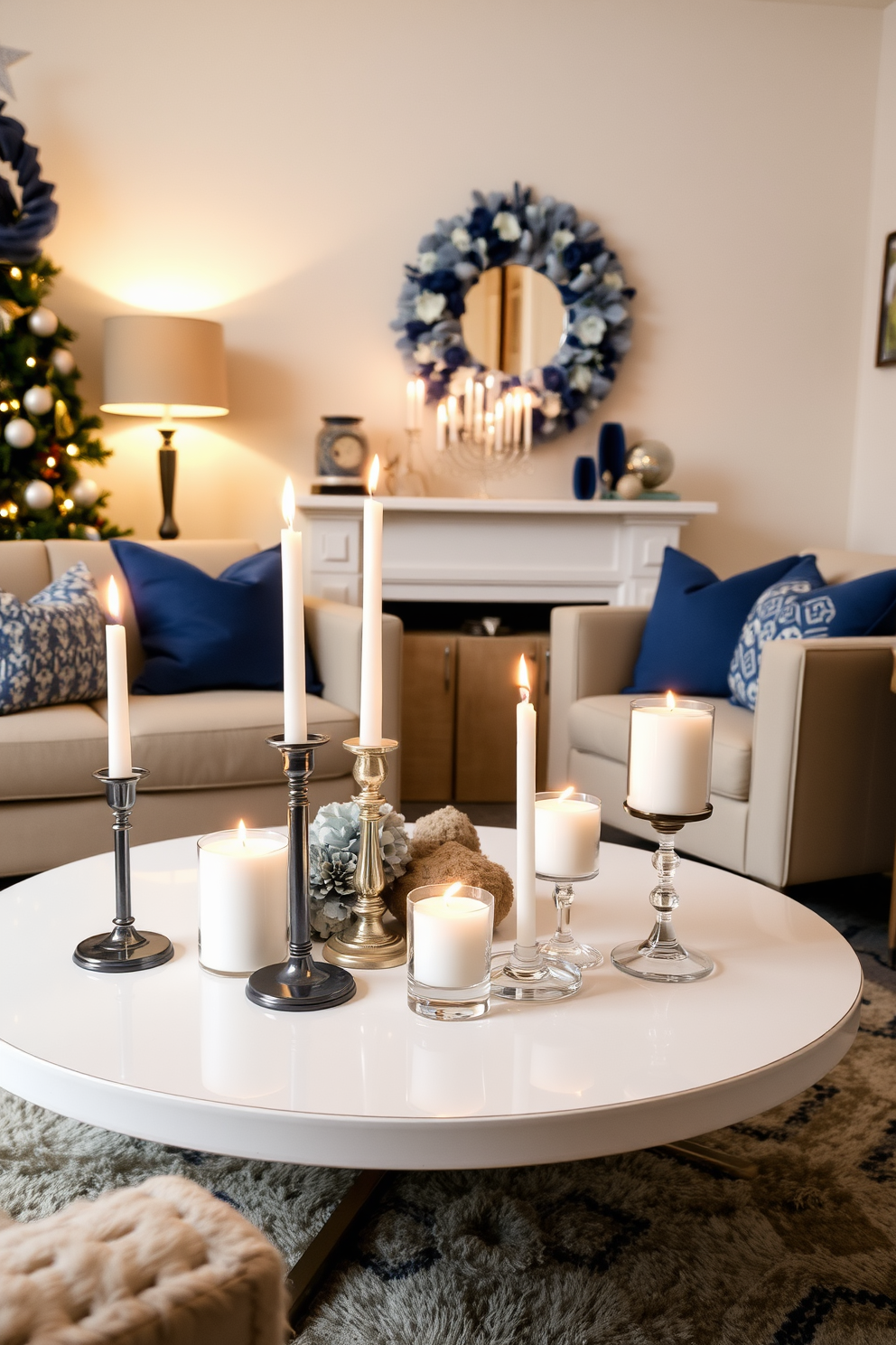 Decorative candles in assorted heights create a warm and inviting atmosphere. They are arranged on a stylish coffee table surrounded by plush seating in a cozy small living room. The room is adorned with festive Hanukkah decorations, including a beautiful menorah and blue and silver accents. Soft lighting enhances the ambiance, making it perfect for holiday gatherings.