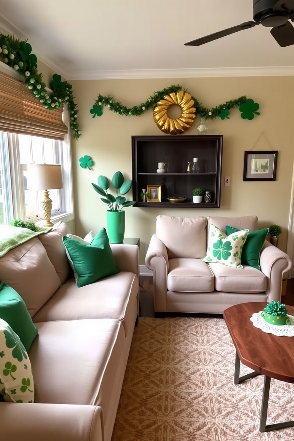 A cozy small living room adorned with green throw pillows on the sofa. The space is decorated with festive St. Patrick's Day accents, including shamrock-themed decor and a cheerful green and gold color palette.