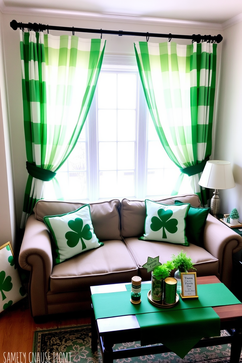 A cozy small living room decorated for St. Patrick's Day features green and white striped curtains framing a window that lets in natural light. The space is adorned with festive touches such as shamrock-themed cushions on a comfortable sofa and a small coffee table decorated with a green table runner and decorative items celebrating the holiday.