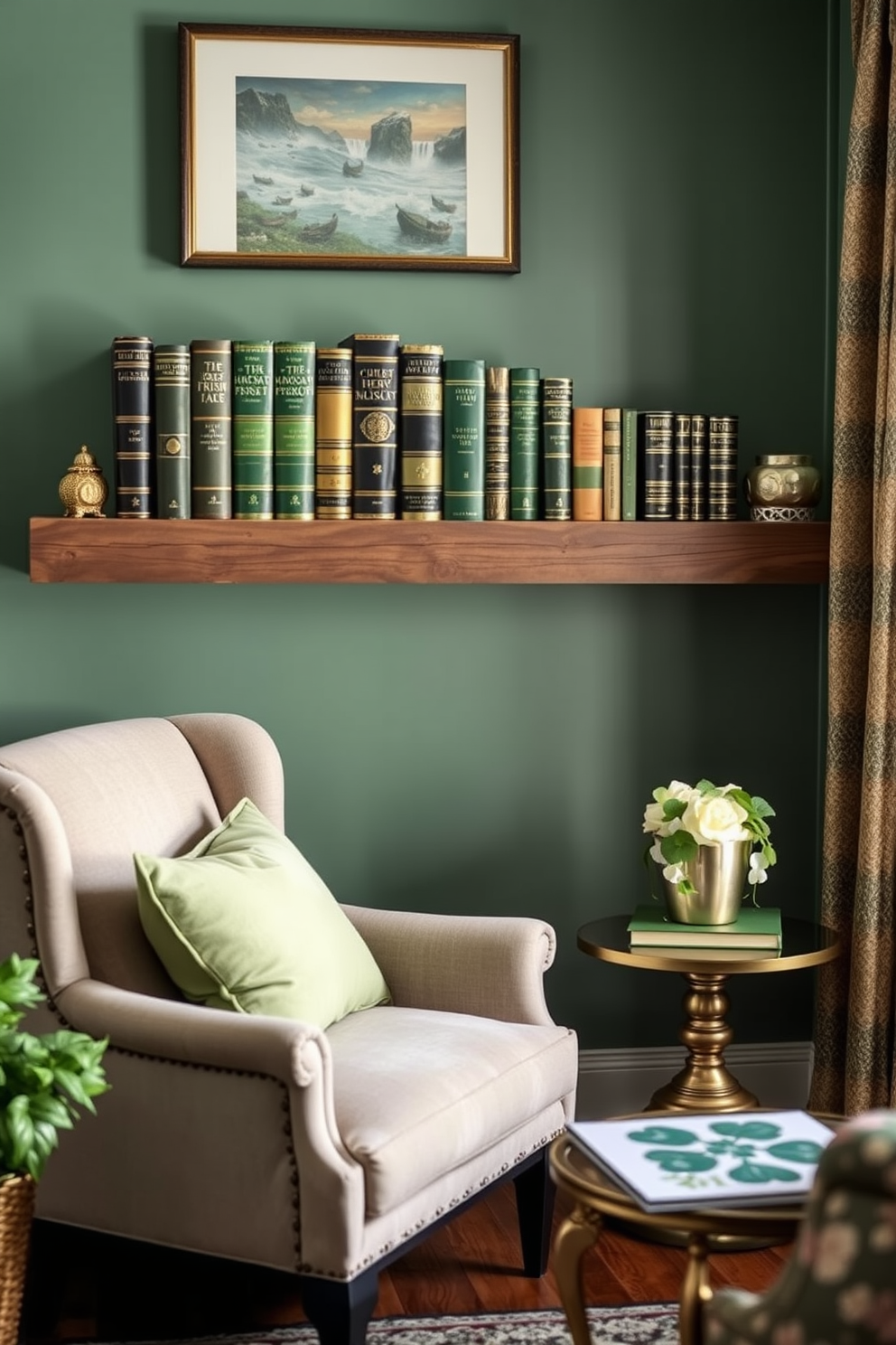 A cozy small living room adorned with vintage Irish books displayed on a rustic wooden shelf. Soft green and gold accents are incorporated throughout the space to celebrate St. Patrick's Day, with a plush armchair and a small side table featuring a decorative shamrock centerpiece.