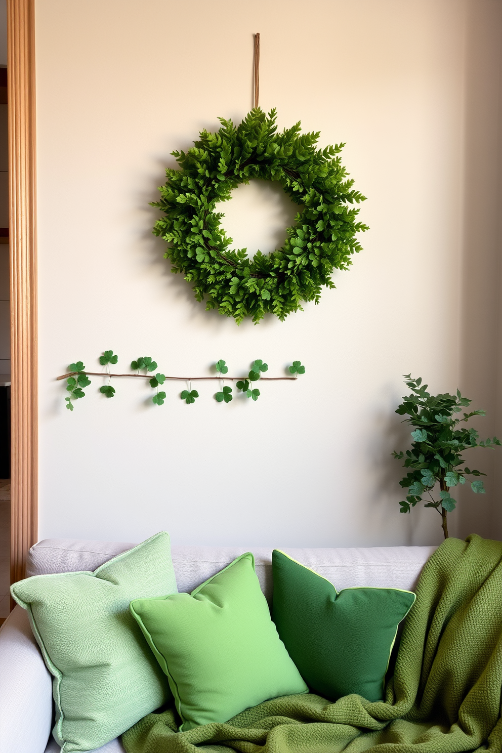 A wreath made of lush green foliage hangs prominently on the wall, bringing a touch of nature indoors. The small living room is adorned with subtle St. Patrick's Day decorations, including soft green throw pillows and a cozy blanket draped over the couch.