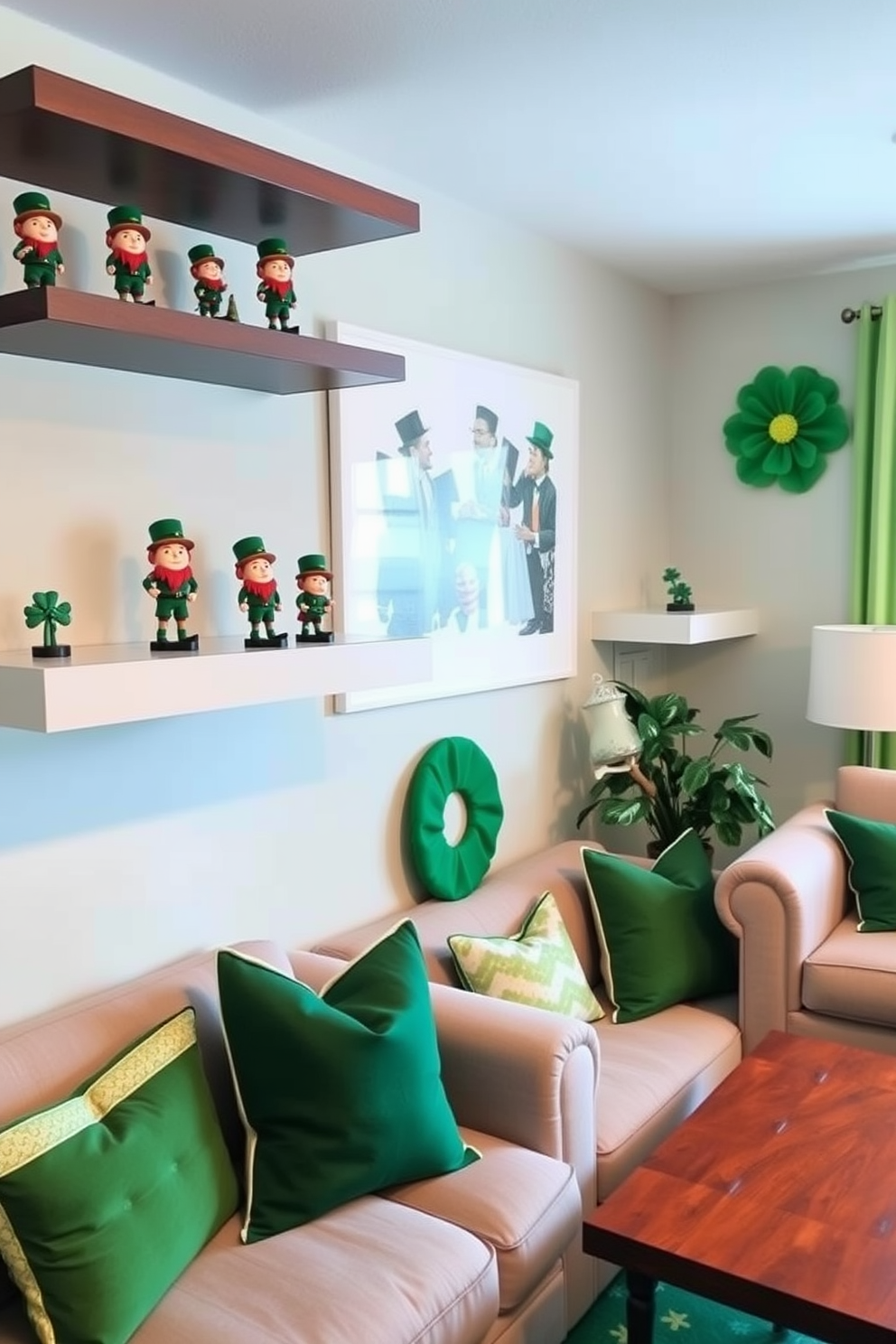 Miniature leprechaun figurines are playfully arranged on floating shelves, adding a whimsical touch to the decor. The small living room features cozy seating and festive green accents, creating a cheerful atmosphere for St. Patrick's Day celebrations.