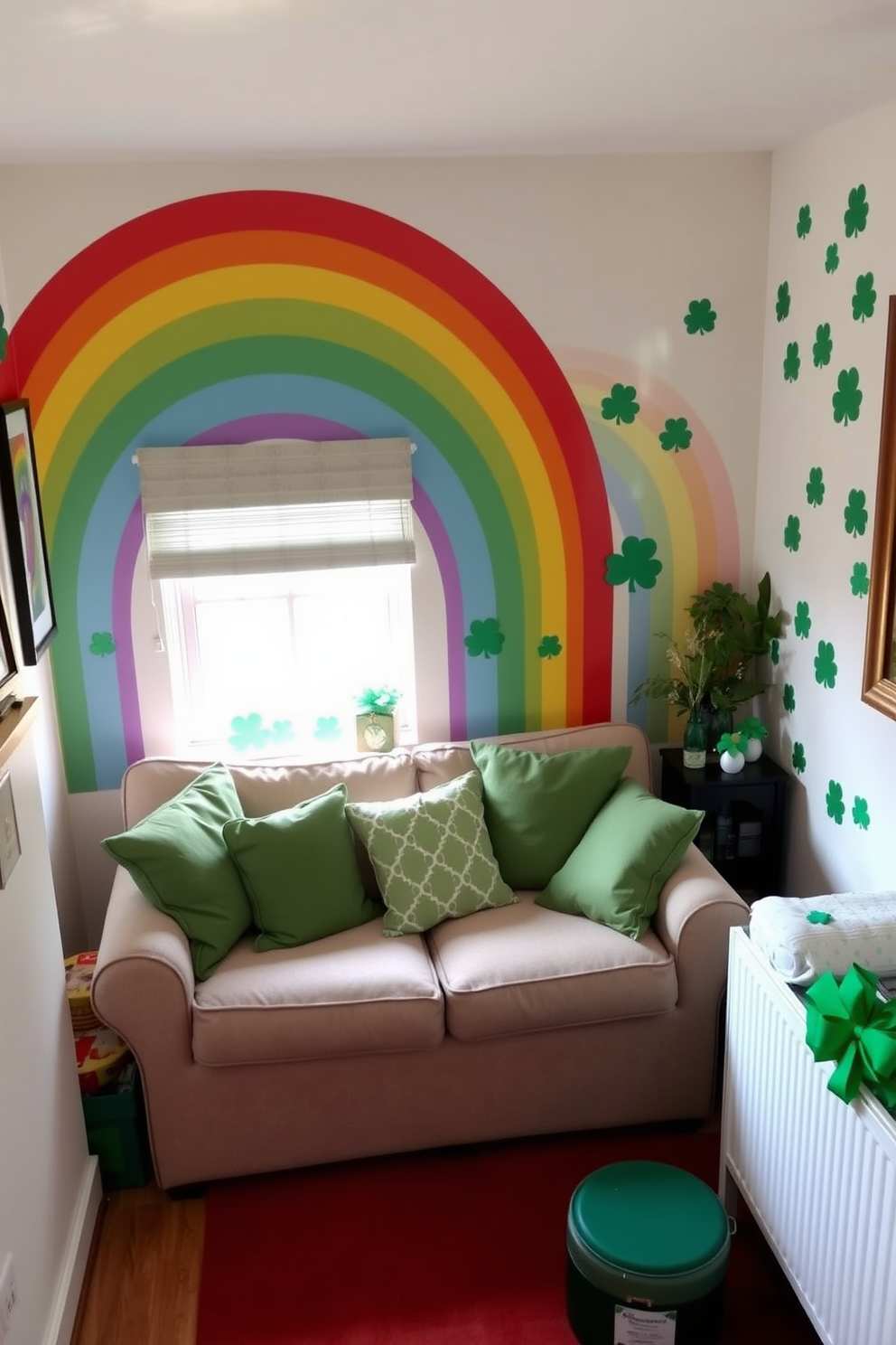 A small living room adorned with vibrant rainbow wall decals that create a cheerful atmosphere. The space features a cozy sofa with green cushions and a festive St. Patrick's Day theme, incorporating shamrock decorations throughout.