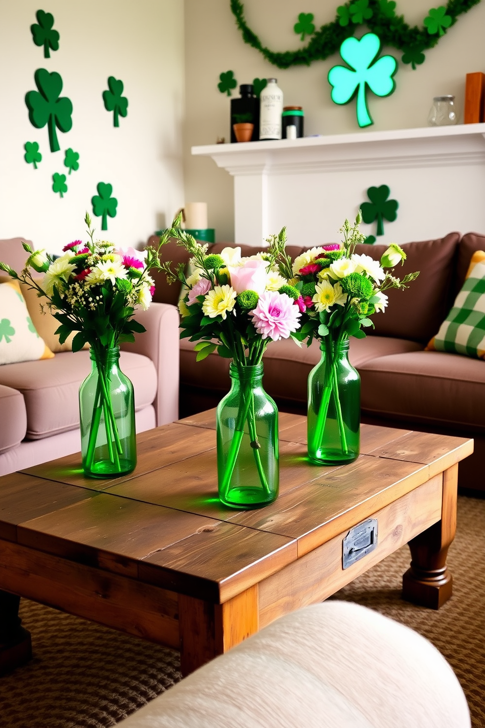 A cozy small living room decorated for St. Patricks Day features green glass vases filled with fresh flowers placed on a rustic wooden coffee table. The walls are adorned with festive shamrock decorations and soft lighting creates a warm and inviting atmosphere.