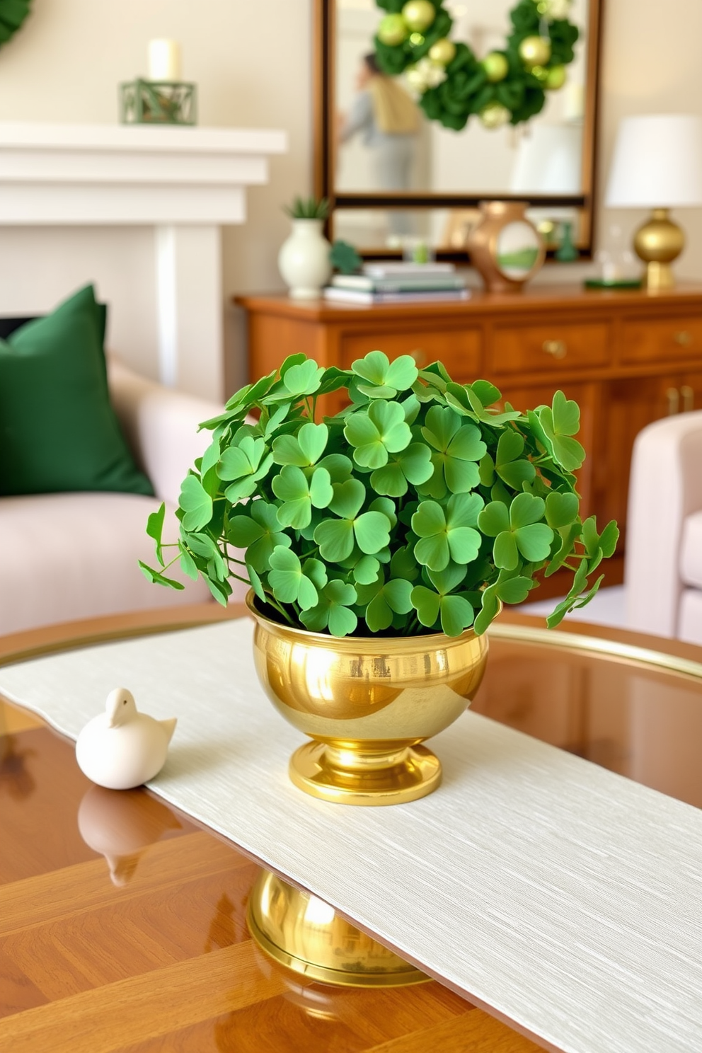 A charming table centerpiece featuring fresh clovers arranged in a stylish gold bowl. The centerpiece is complemented by soft green accents and subtle St. Patrick's Day decorations that enhance the cozy atmosphere of the small living room.