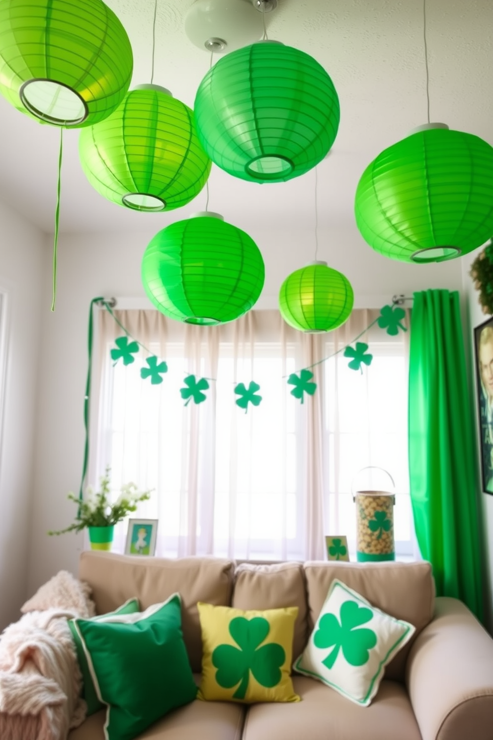 A cozy small living room adorned with hanging paper lanterns in vibrant shades of green. The space features a comfortable sofa with plush cushions and a festive St. Patrick's Day theme, complete with decorative shamrocks and a cheerful atmosphere.