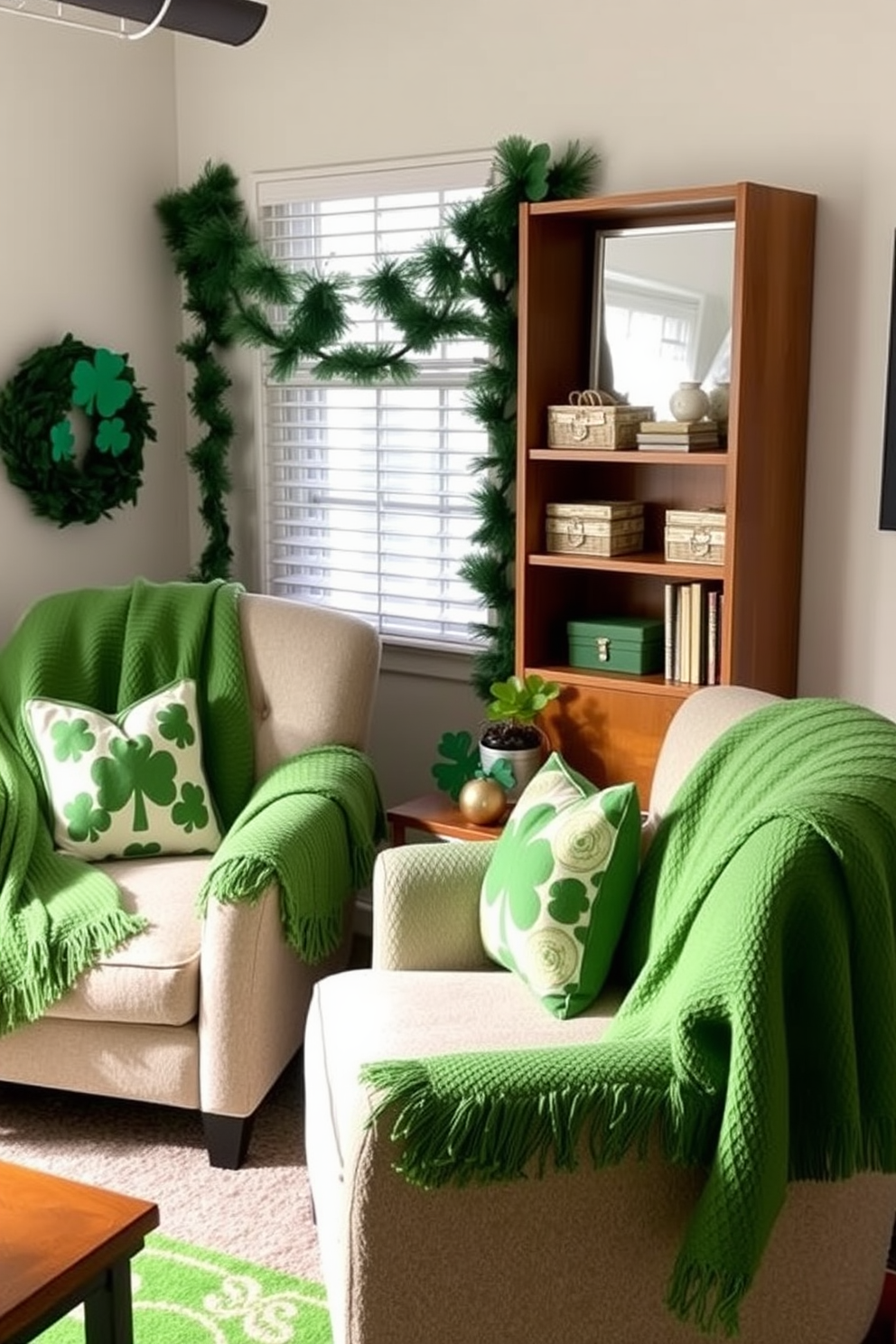 Cozy green throw blankets are draped over plush armchairs in a small living room. The space is adorned with festive St. Patrick's Day decorations, including shamrock-themed pillows and a cheerful garland.