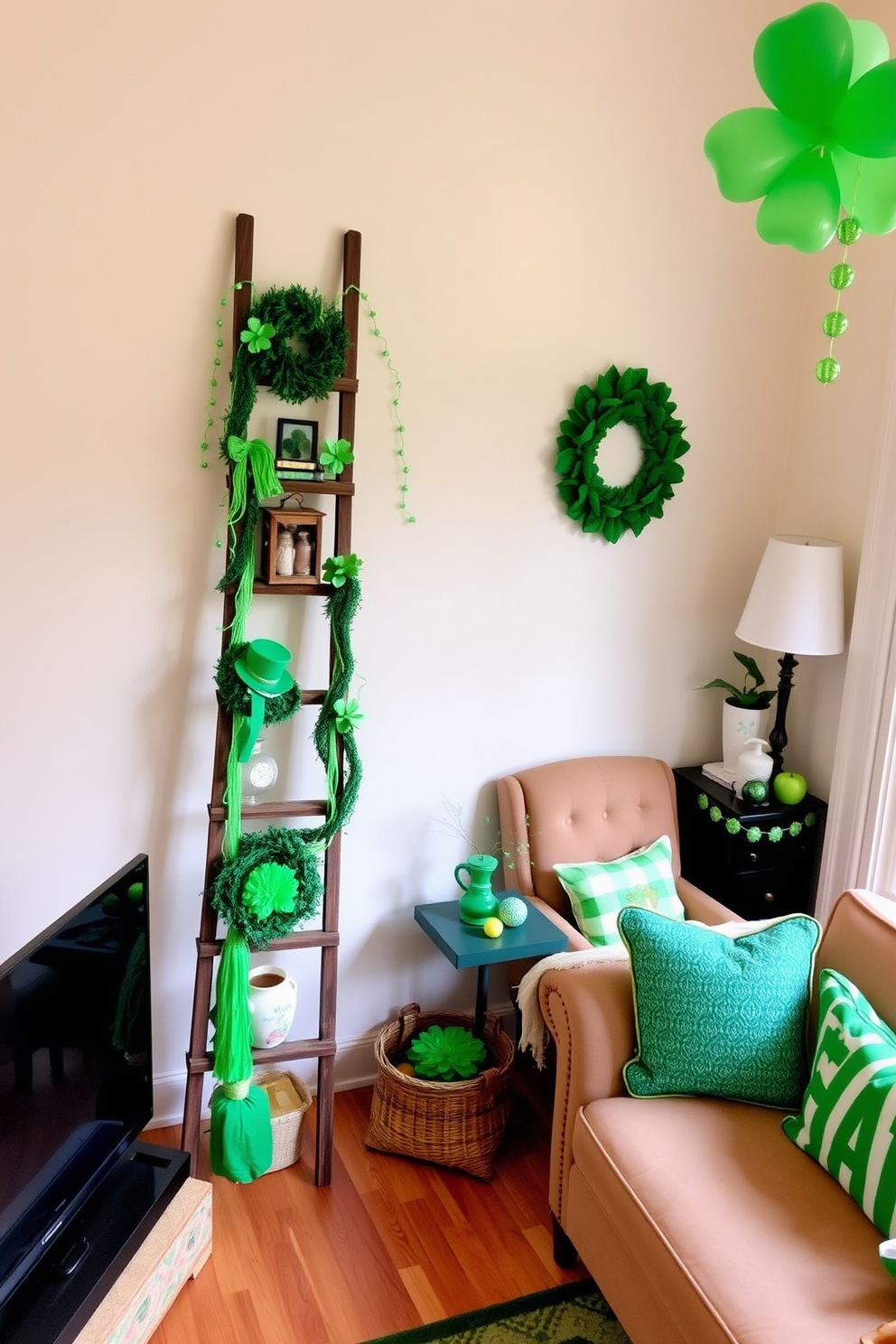 A decorative ladder is positioned against the wall, adorned with vibrant green accents that evoke the spirit of St. Patrick's Day. The small living room features cozy seating and a warm atmosphere, enhanced by touches of festive decor throughout the space.