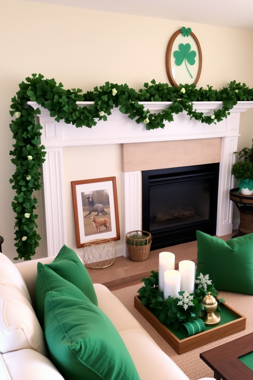 A charming small living room adorned for St. Patrick's Day features a lush shamrock garland draped elegantly across the mantel. The decor includes cozy green cushions on a light-colored sofa and a festive centerpiece with candles and small decorative elements that celebrate the holiday.