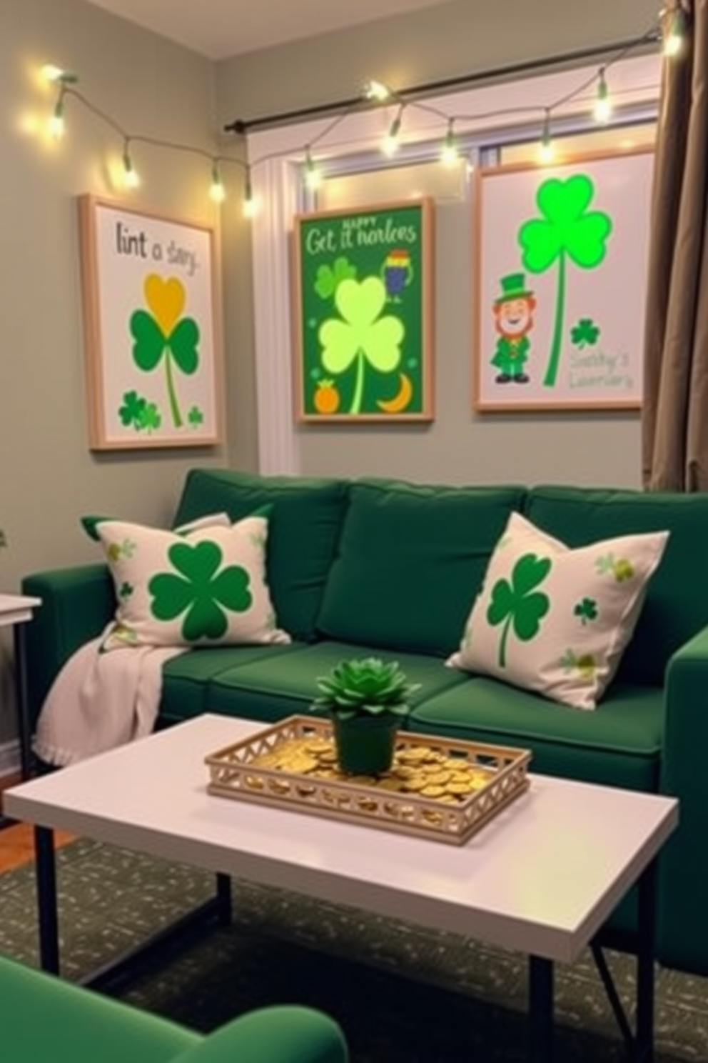 A cozy small living room decorated for St. Patrick's Day features a green sofa adorned with festive throw pillows. On the walls, there are DIY St. Patrick's Day art prints showcasing shamrocks and leprechauns in vibrant colors. A small coffee table is topped with a decorative tray filled with gold coins and a small potted shamrock plant. String lights in the shape of clovers hang above the window, adding a warm and inviting glow to the space.