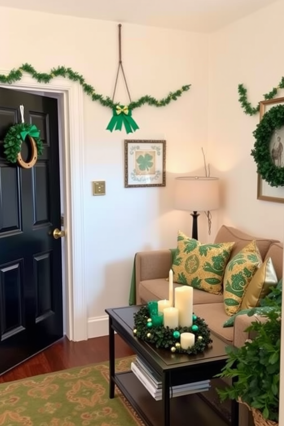 A charming small living room adorned with St. Patrick's Day decorations. A lucky horseshoe hangs on the front door, welcoming guests with a touch of festive cheer. Inside, the space features a cozy sofa draped with green and gold throw pillows. A small coffee table is topped with a decorative arrangement of shamrocks and candles, creating a warm and inviting atmosphere.