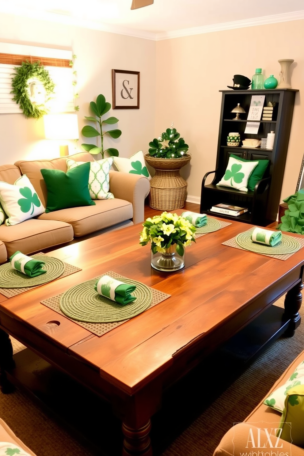 A cozy small living room adorned for St. Patrick's Day features green and gold placemats elegantly set on a rustic wooden coffee table. The room is filled with festive decorations, including shamrock-themed cushions and a warm, inviting atmosphere created by soft lighting.