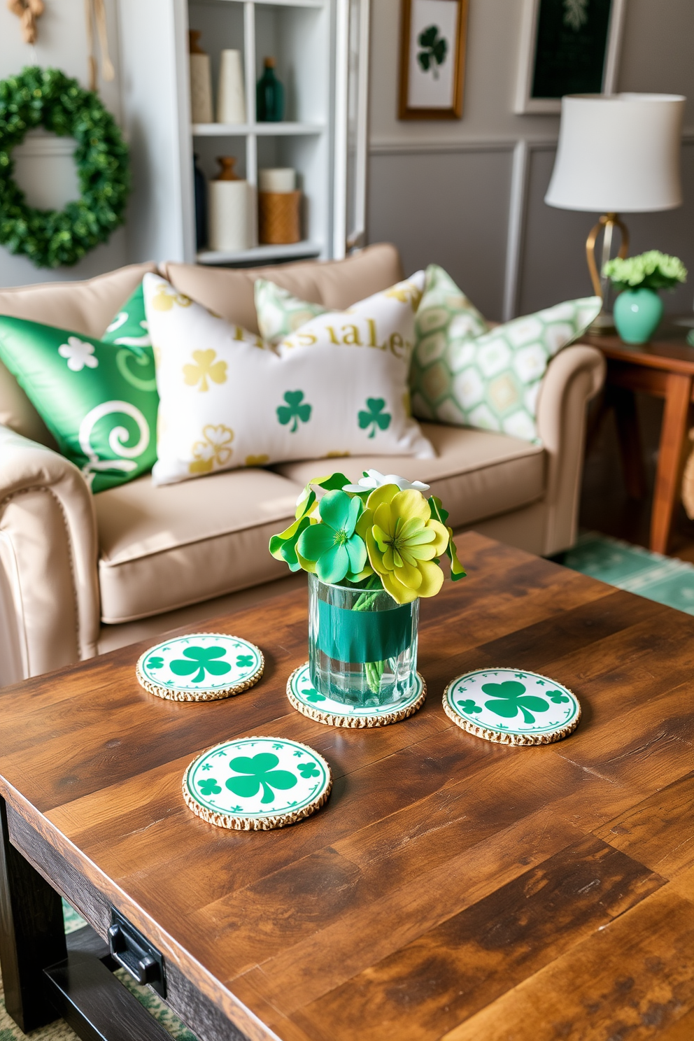 A cozy small living room adorned with St. Patrick's Day themed coasters on a rustic wooden coffee table. The decor features green and gold accents, including a vibrant shamrock centerpiece and soft throw pillows with festive patterns.