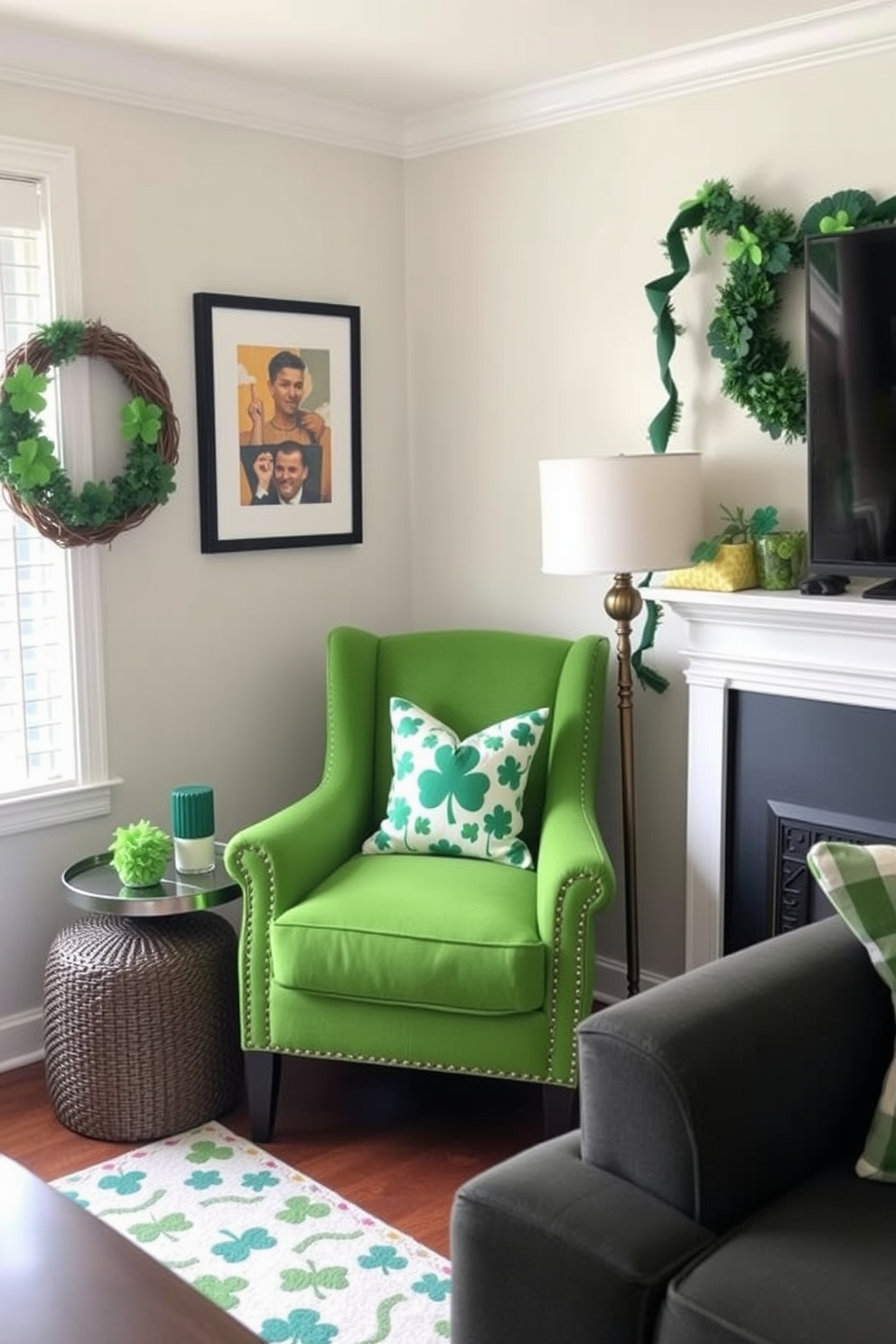 A cozy small living room featuring an accent chair with vibrant green upholstery. The space is adorned with festive St. Patrick's Day decorations, including shamrock-themed pillows and a cheerful garland.