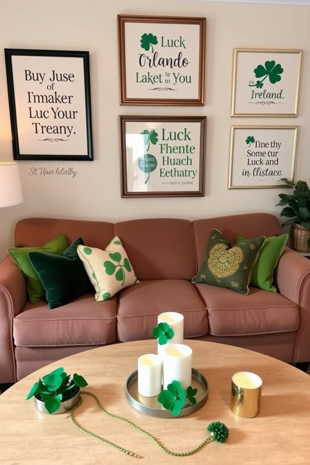 A cozy small living room adorned with framed quotes about luck and Ireland. The decor features green and gold accents, with a plush sofa and a coffee table topped with shamrocks and candles for a festive St. Patrick's Day atmosphere.