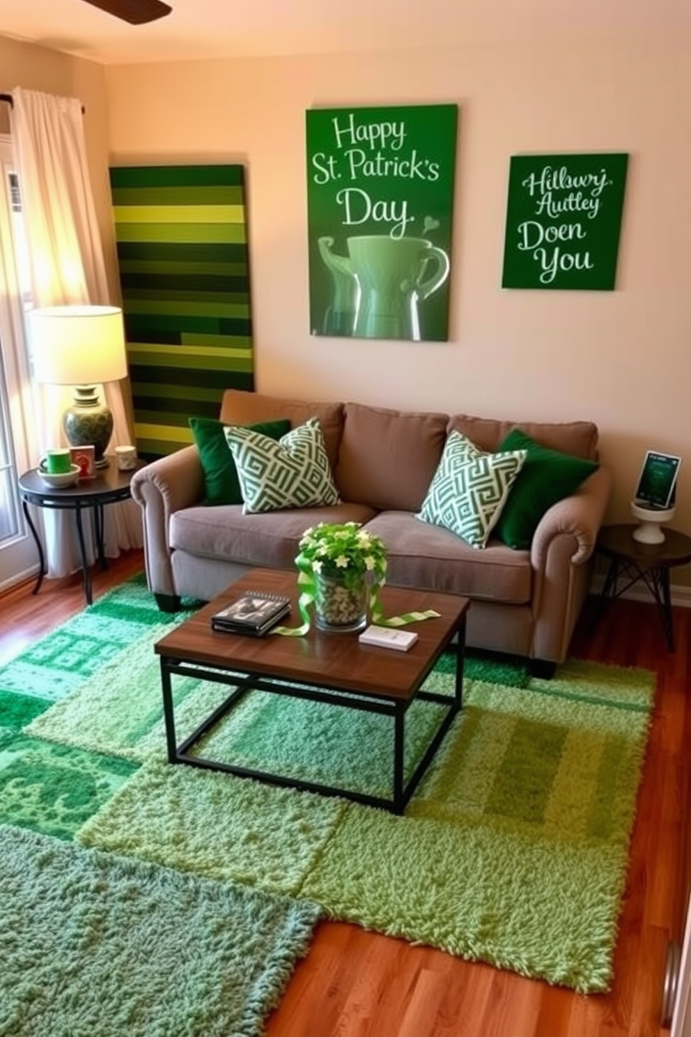 A cozy small living room adorned with layered rugs in various shades of green. The space features a plush sofa with accent pillows, a coffee table topped with a festive St. Patrick's Day centerpiece, and wall art celebrating the holiday.