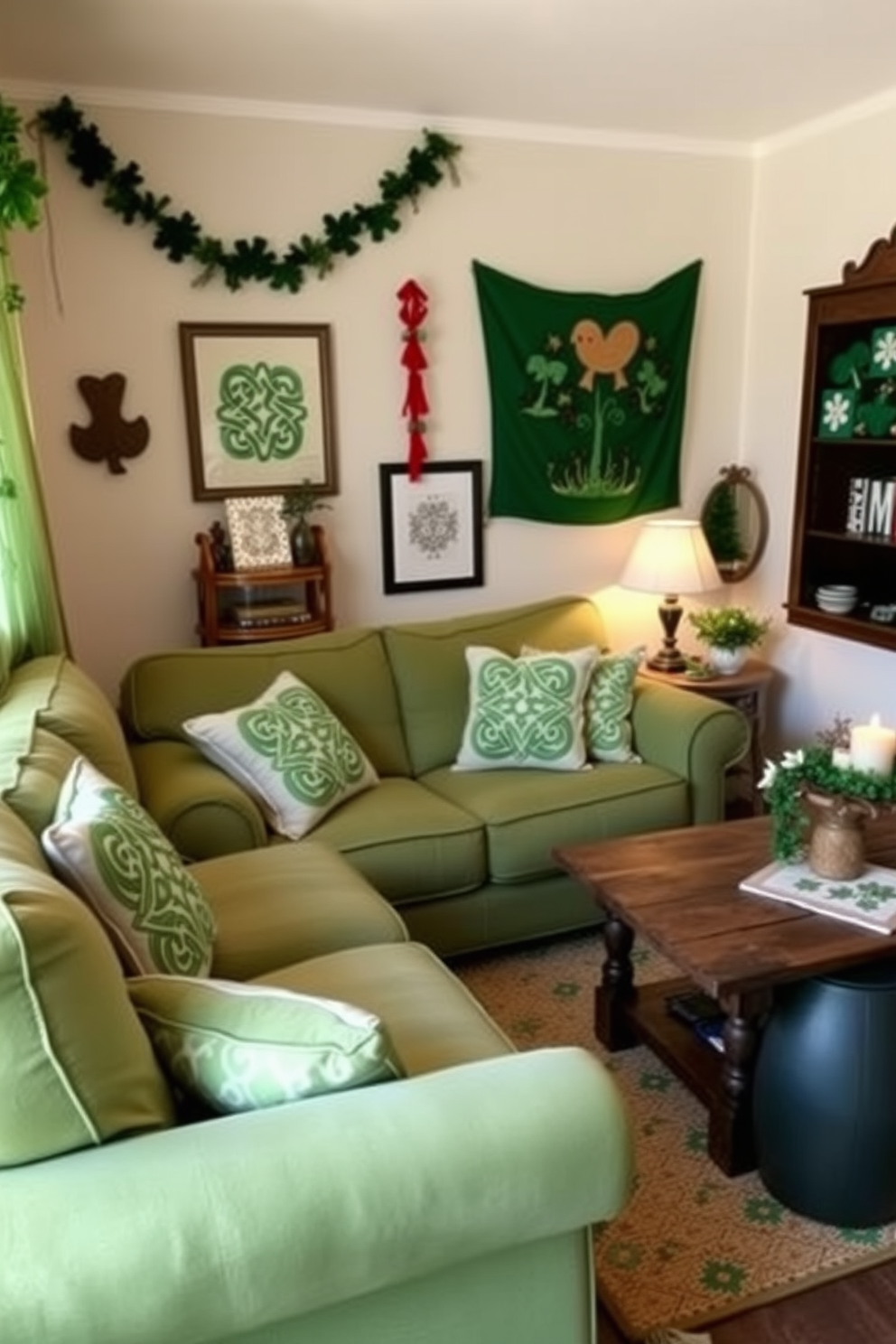 A cozy small living room adorned with Celtic knot designs on decorative pillows. The space features a soft green sofa, complemented by a rustic wooden coffee table and festive St. Patrick's Day decorations throughout.