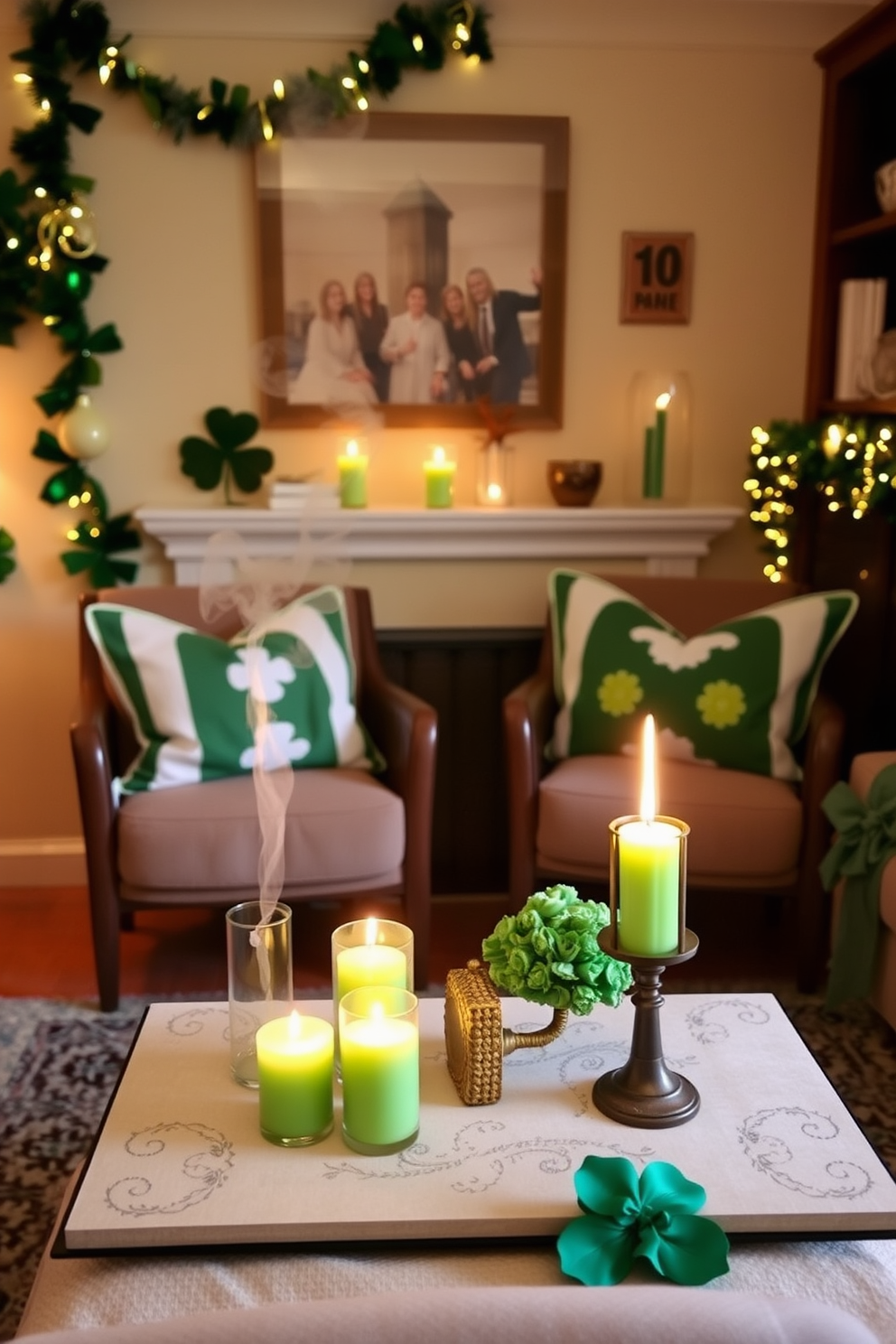 A cozy small living room adorned for St. Patrick's Day features seasonal scents wafting from green candles placed strategically around the space. The room is decorated with touches of green and gold, including throw pillows and a festive garland, creating a warm and inviting atmosphere.