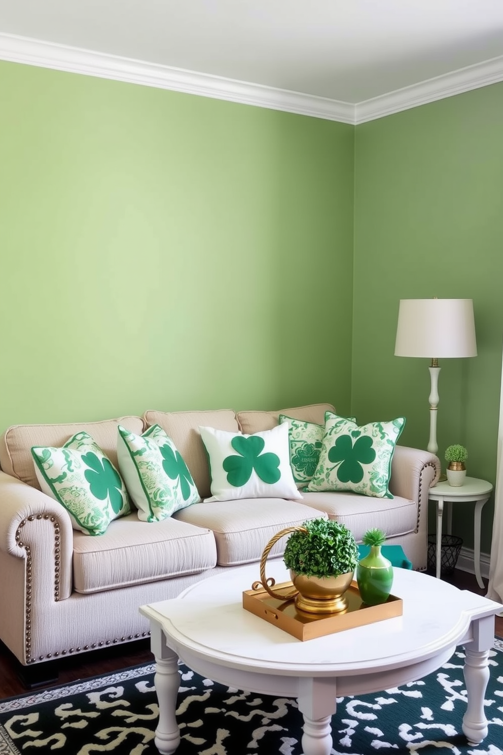 Accent wall painted in soft green. The small living room features a cozy sofa adorned with festive St. Patrick's Day cushions and a charming coffee table topped with decorative green and gold accents.