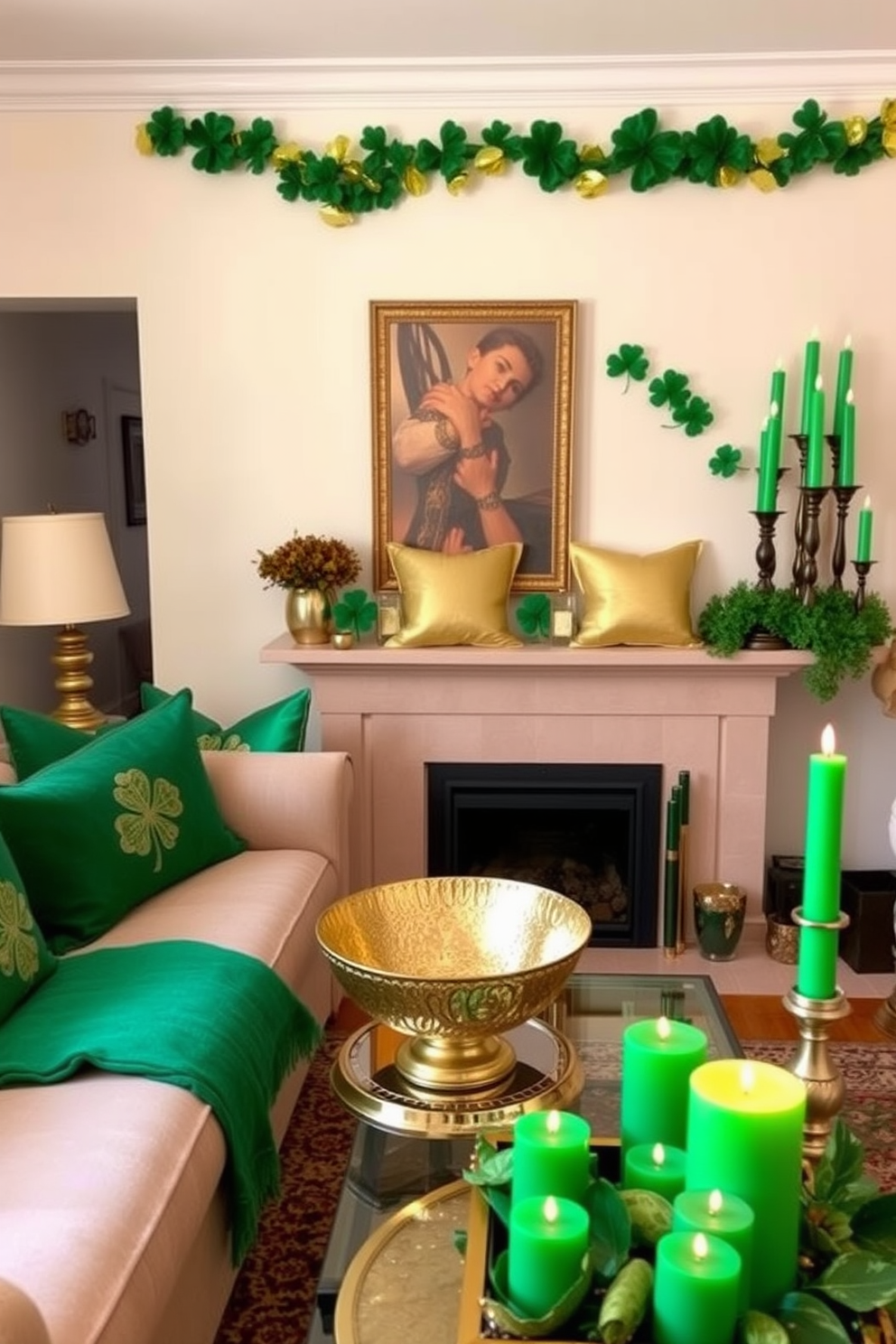 A small living room adorned with gold accents in decor items creates a warm and inviting atmosphere. Cushions with gold embroidery are scattered across a plush sofa, while a stylish coffee table features a decorative bowl in a shimmering gold finish. For St. Patrick's Day, the space is enhanced with vibrant green accents that celebrate the holiday. A festive garland of shamrocks hangs above the mantel, and a cluster of green candles adds a touch of charm to the room.