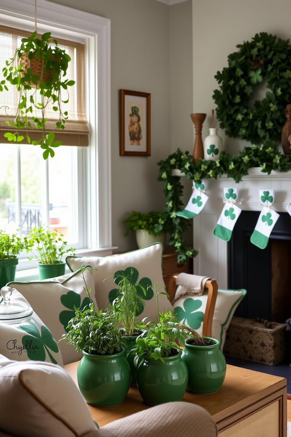 A cozy small living room adorned with green ceramic pots filled with fresh herbs. The space is accented with St. Patrick's Day decorations, featuring shamrock-themed cushions and a festive garland draped across the mantel.