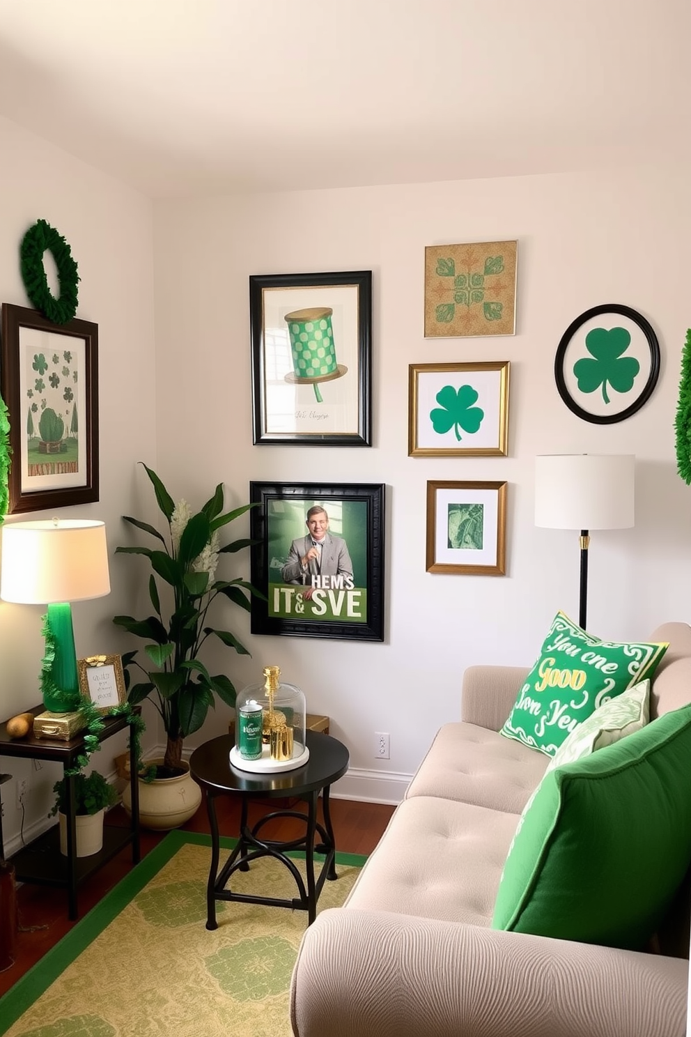 A cozy small living room adorned with Irish-themed artwork on the walls. The decor features green and gold accents to celebrate St. Patrick's Day, creating a festive and inviting atmosphere.