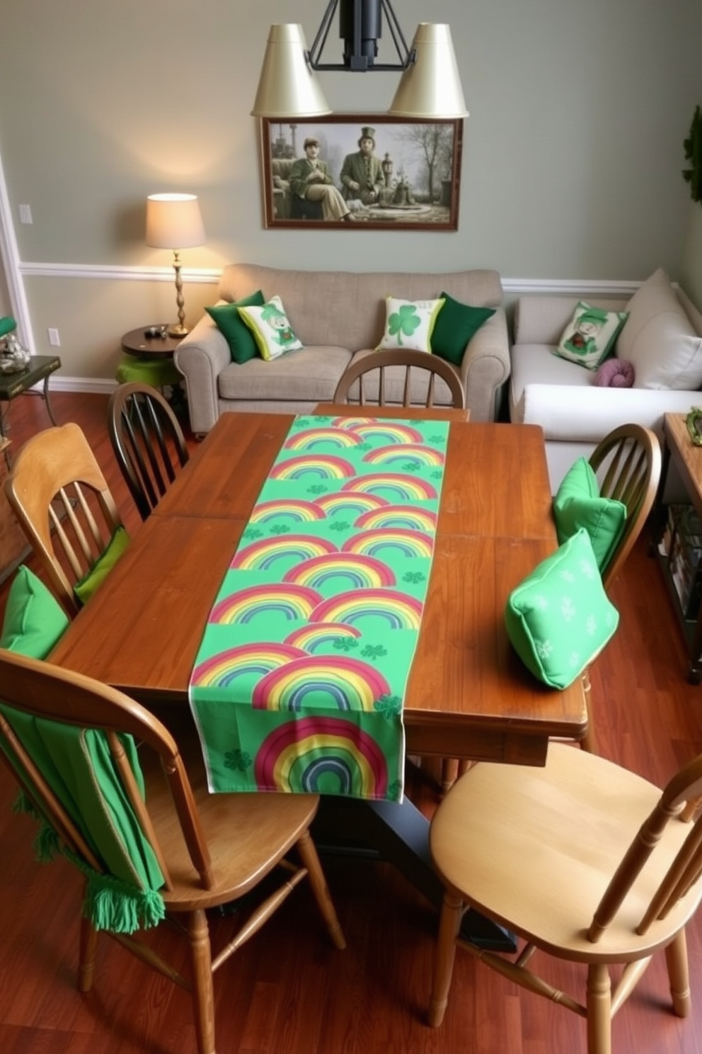 A festive table runner adorned with vibrant rainbows stretches across a rustic wooden dining table. Surrounding the table are mismatched chairs, each draped with cheerful green cushions to celebrate St. Patrick's Day. In the small living room, green and gold accents create a cozy atmosphere. A plush sofa is decorated with throw pillows featuring shamrocks and leprechauns, enhancing the festive spirit.