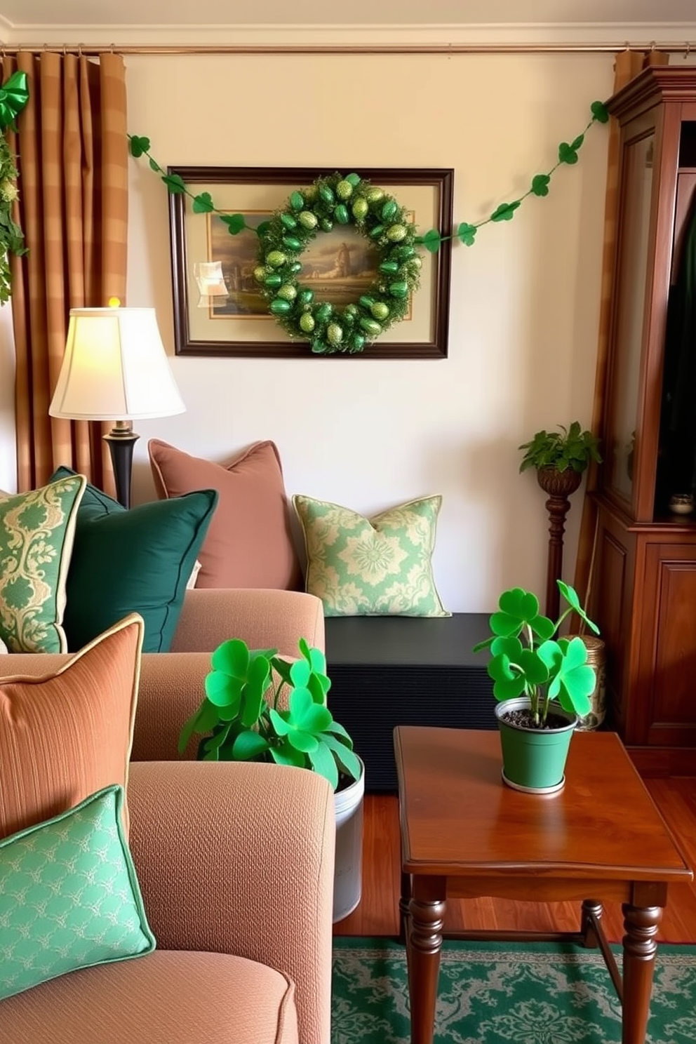 A cozy small living room adorned for St. Patrick's Day. Potted shamrocks sit gracefully on each side table, adding a touch of greenery and festive charm.