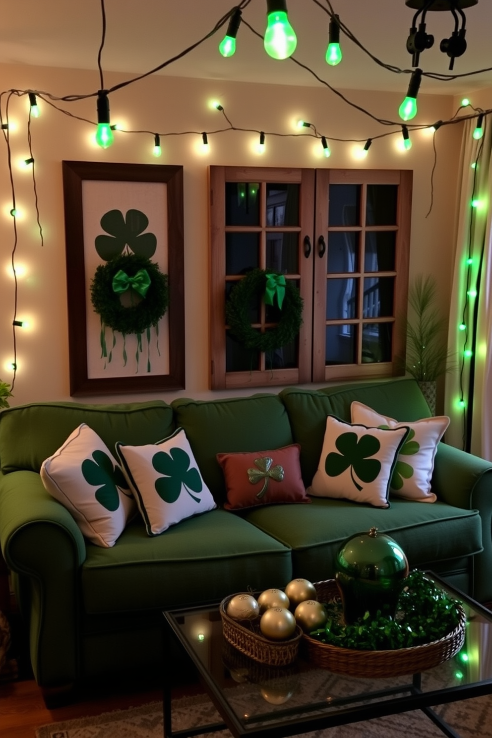 String lights with green bulbs illuminate a cozy small living room adorned with festive St. Patrick's Day decorations. A plush green sofa is accented with throw pillows featuring shamrock patterns, while a coffee table holds a decorative arrangement of gold and green accents.