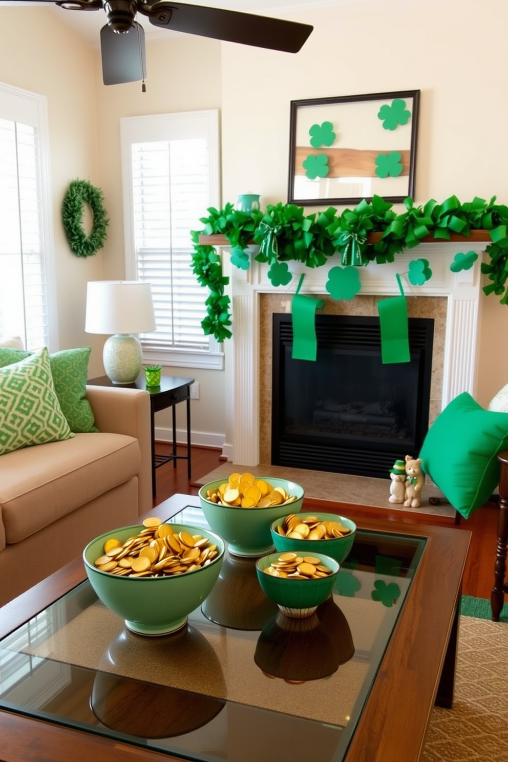 A cozy small living room adorned for St. Patrick's Day features decorative bowls filled with gold coins strategically placed on a coffee table. The room is accented with green throw pillows and a festive garland draped along the mantelpiece, creating a cheerful atmosphere.