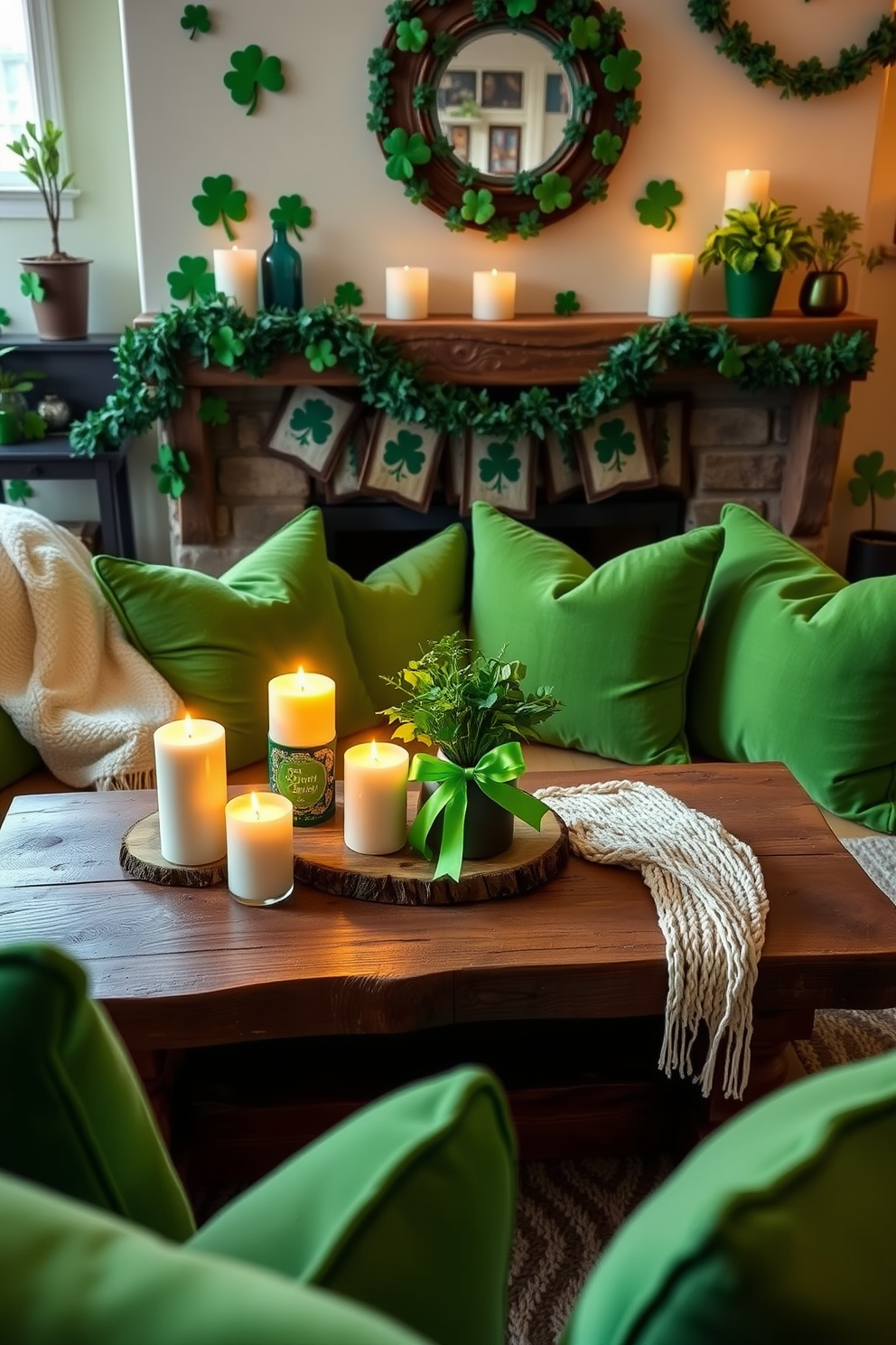 A cozy small living room adorned with St. Patrick's Day themed candles. The candles are arranged on a rustic wooden coffee table surrounded by plush green cushions and a soft cream throw blanket. Decorative elements include shamrock garlands draped along the mantel and vibrant green accents throughout the space. A cheerful centerpiece features a small potted plant with a festive ribbon, enhancing the holiday spirit.