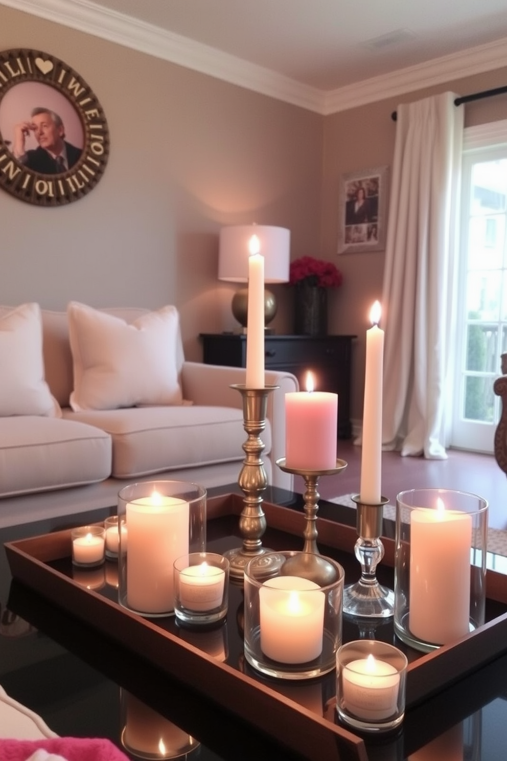 Cozy candle arrangements on a coffee table create an inviting atmosphere in a small living room. Soft flickering lights from various sized candles in elegant holders complement a warm color palette of reds and pinks for Valentine's Day decorating ideas.