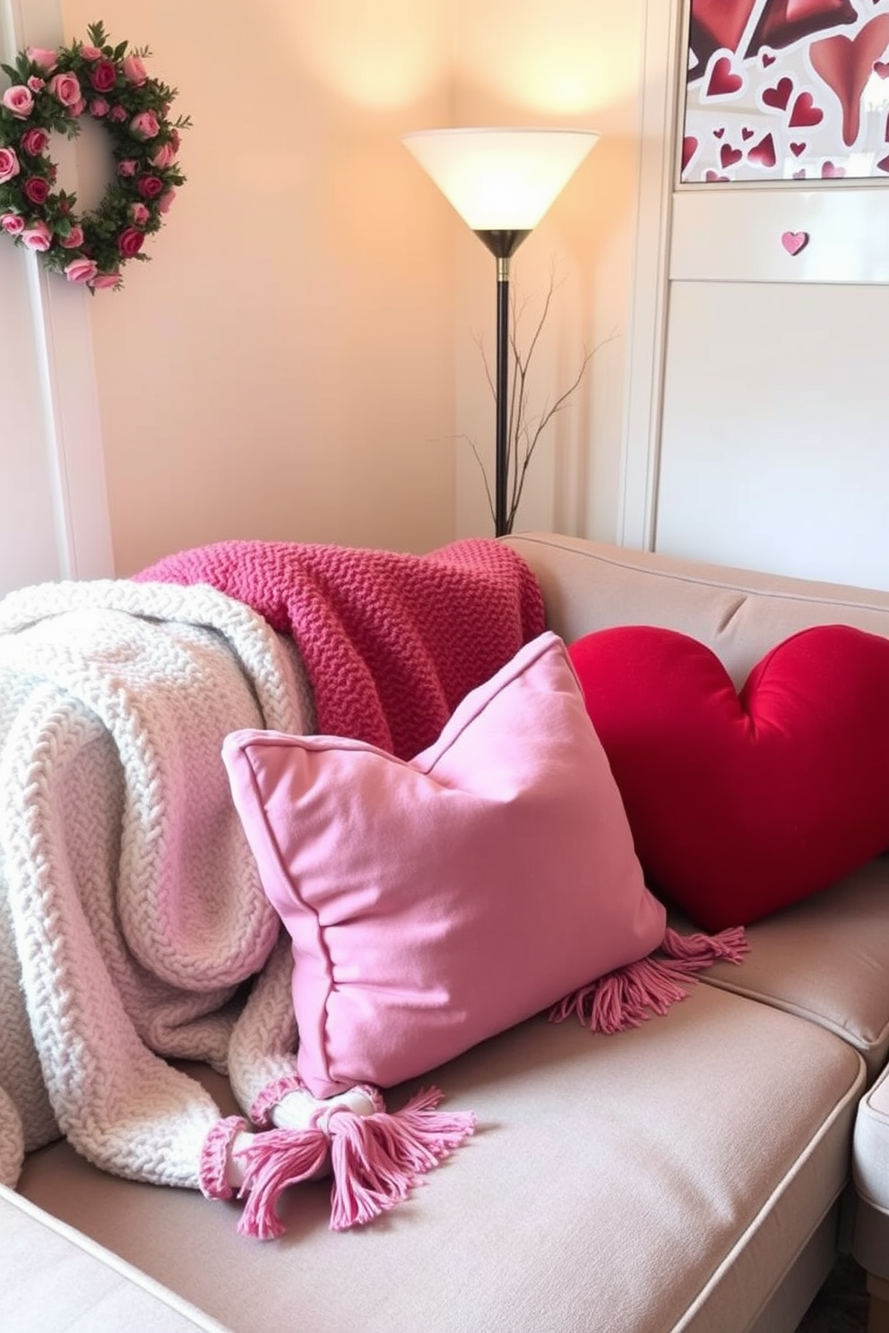 A cozy small living room adorned for Valentine's Day features layered textures with soft blankets draped over a plush sofa. Accent pillows in shades of pink and red complement the warm ambiance, while a heart-themed throw is casually tossed on the armrest.