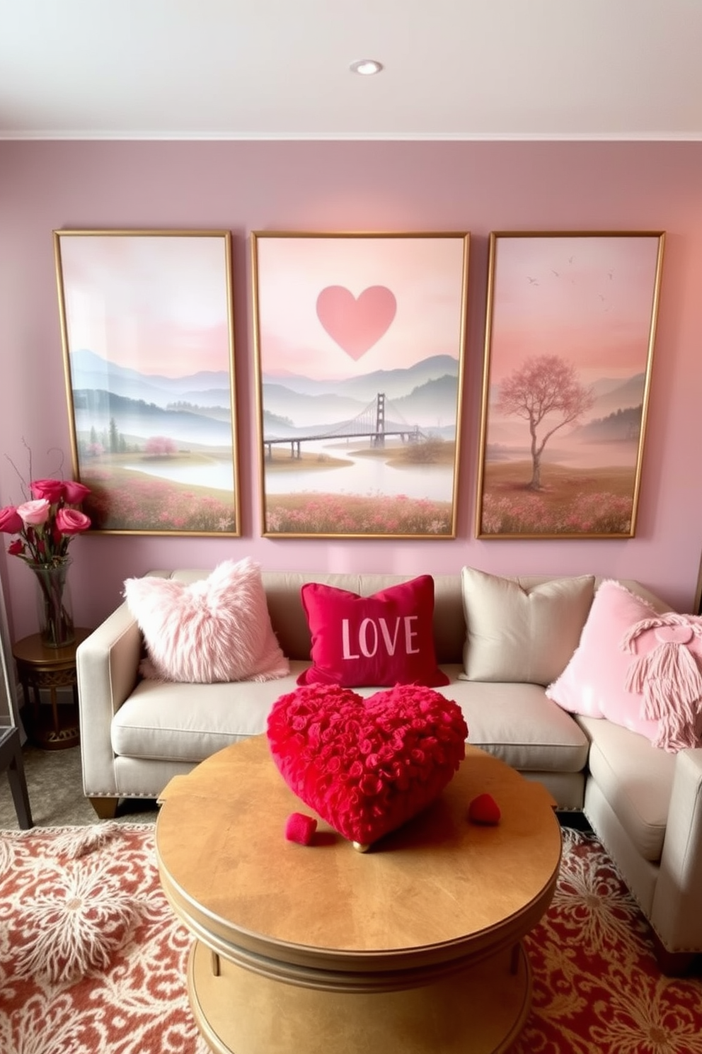 A cozy small living room adorned with romantic landscape wall art. The artwork features soft pastel colors and serene scenes that evoke a sense of tranquility and love. The room is decorated for Valentine's Day with plush cushions in shades of pink and red. A heart-shaped coffee table centerpiece adds a charming touch to the intimate space.