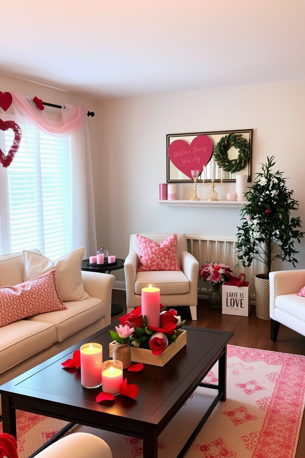 A cozy small living room adorned for Valentine's Day. Soft pink and red accents are used throughout, with seasonal scented candles placed on the coffee table to create a warm ambiance.