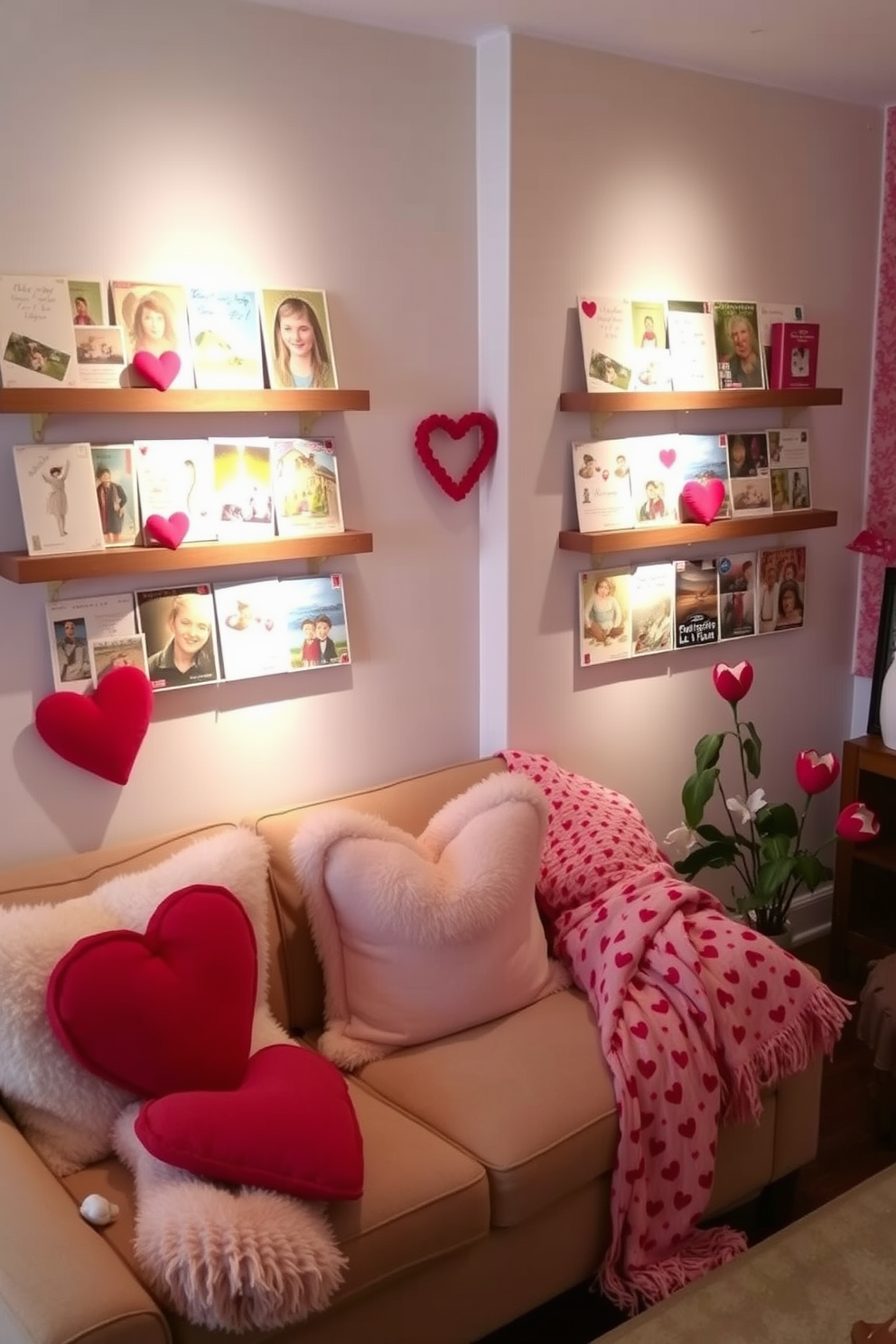 A cozy small living room adorned with vintage postcards displayed on wooden shelves. The postcards feature colorful illustrations and nostalgic messages, creating a charming focal point in the space. Soft pink and red accents are incorporated throughout the room to celebrate Valentine's Day. Plush cushions and a throw blanket in heart patterns add warmth and a festive touch to the inviting atmosphere.