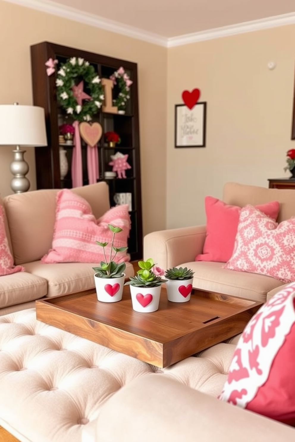 A cozy small living room adorned for Valentine's Day features small potted plants with heart accents placed on a wooden coffee table. Soft pink and red throw pillows are scattered across a plush beige sofa, creating a warm and inviting atmosphere.