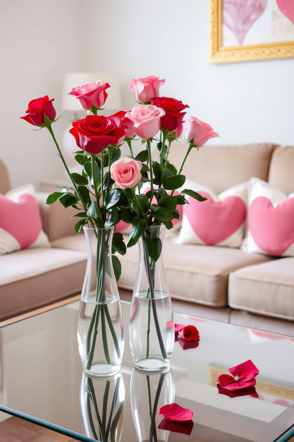 A small living room adorned for Valentine's Day features elegant glass vases filled with vibrant roses in various shades of pink and red. The vases are strategically placed on a coffee table, complemented by soft, plush cushions in heart patterns on the sofa.