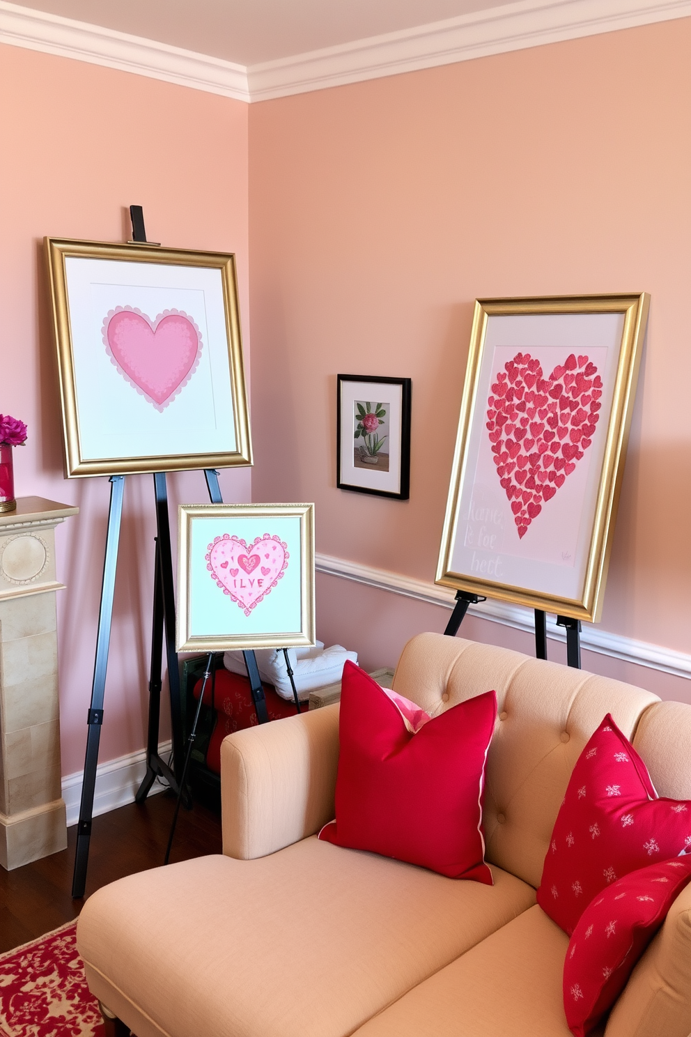 Valentine-themed artwork displayed on elegant easels in a cozy living room. The walls are adorned with soft pink and red accents, and a plush sofa is decorated with heart-patterned cushions.